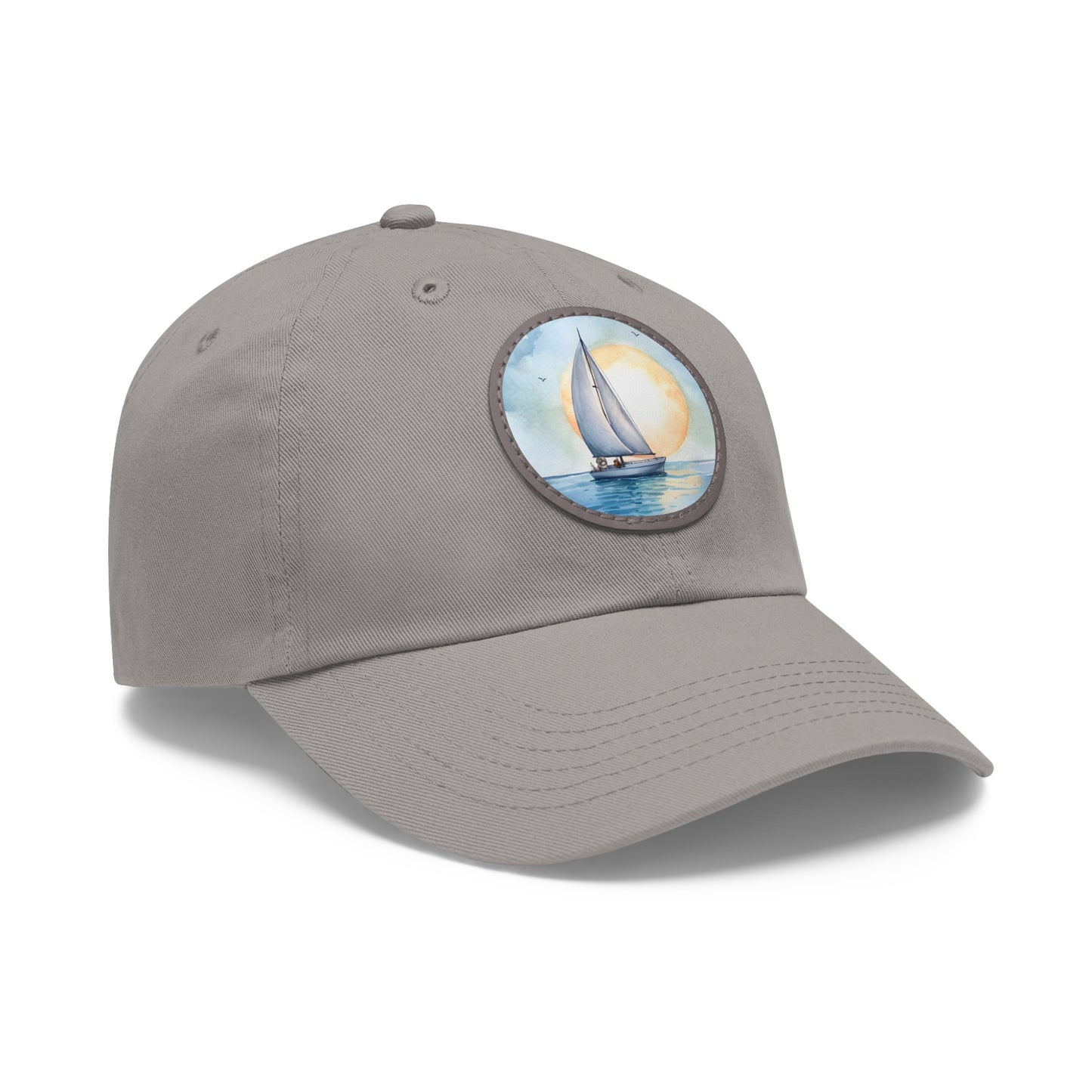 Sailing at Sunrise Dad Hat with Leather Patch, white hat featuring a sailboat in blue watercolors