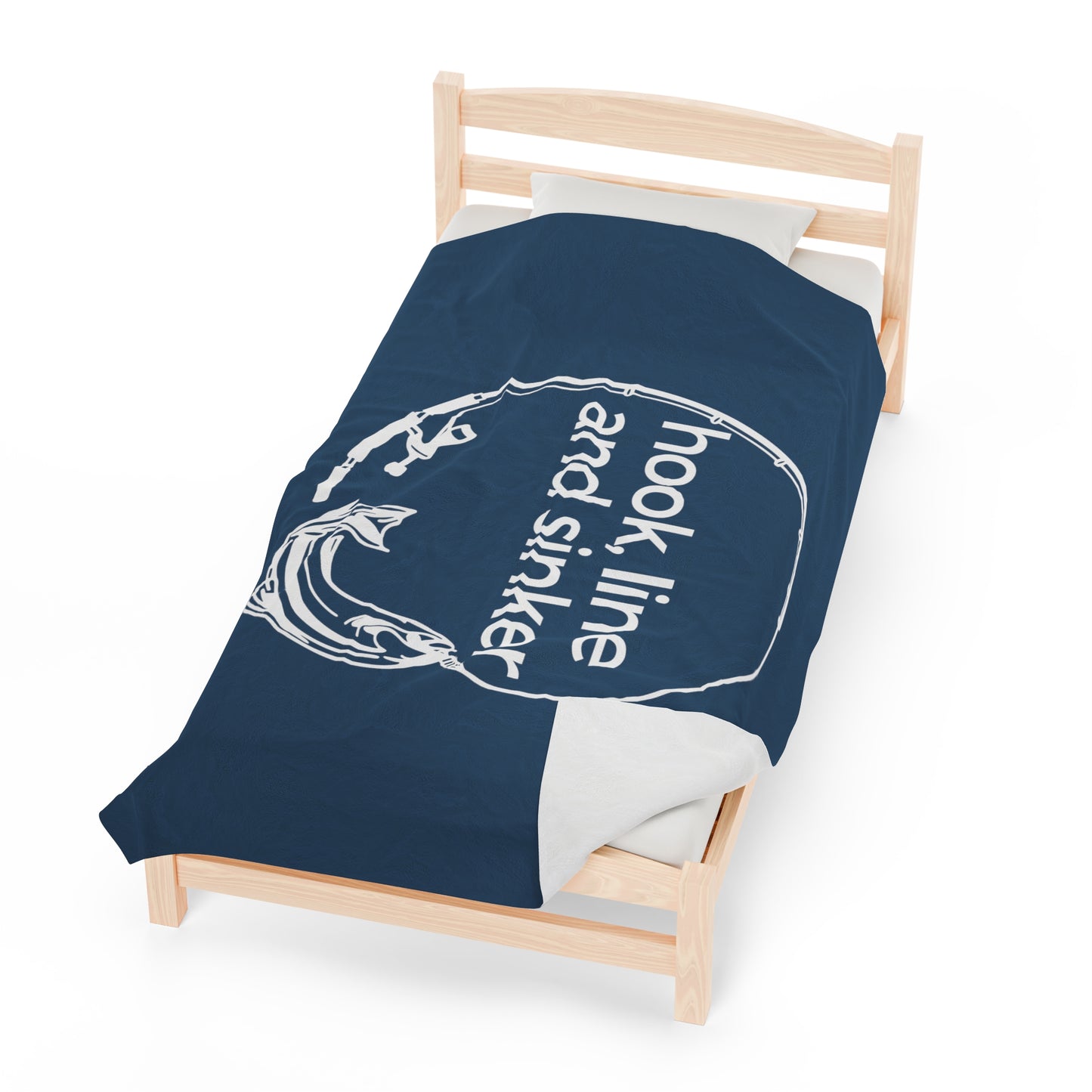 Hook, Line and Sinker Velveteen Plush Blanket in a deep warm blue color featuring a fishing pole and fish