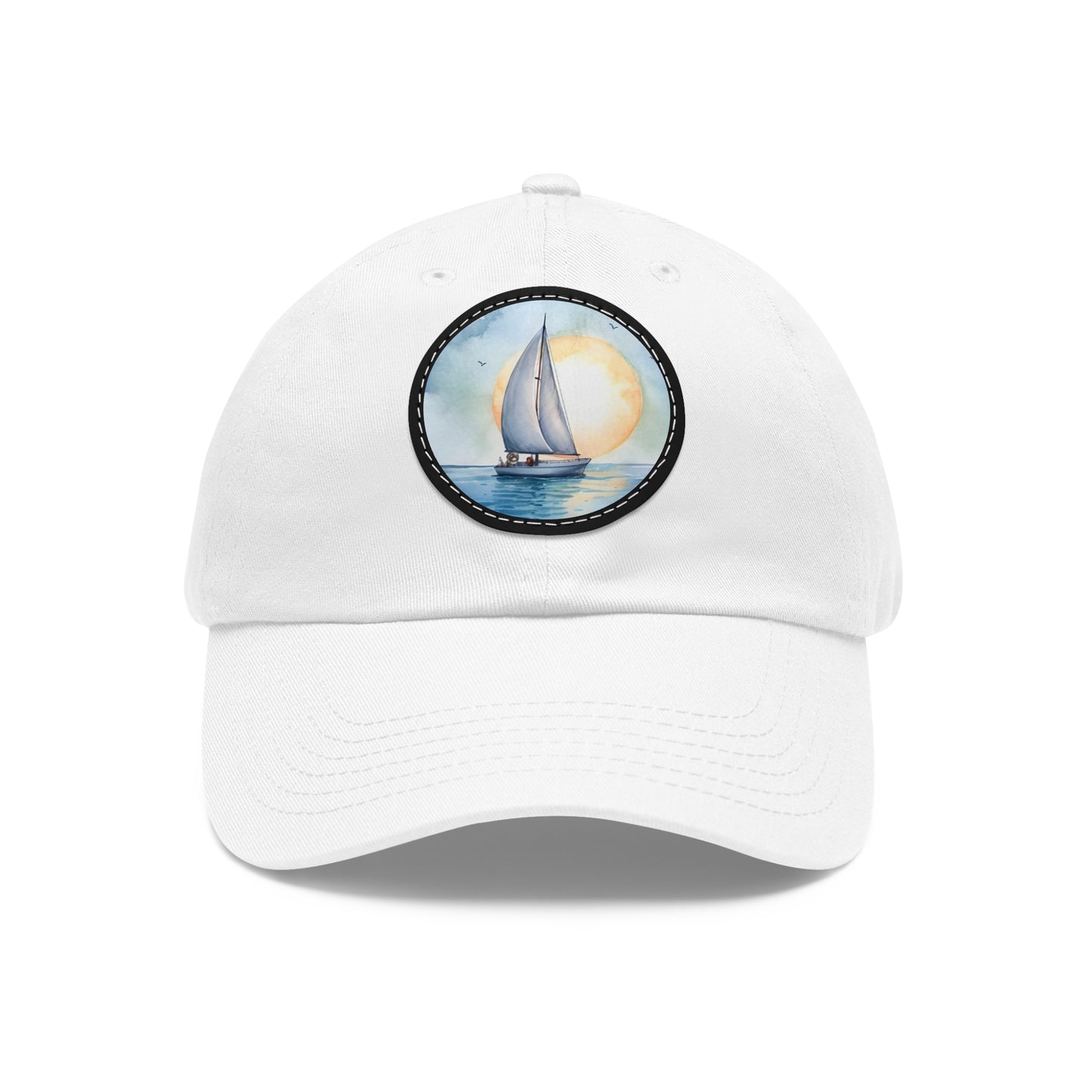 Sailing at Sunrise Dad Hat with Leather Patch, white hat featuring a sailboat in blue watercolors