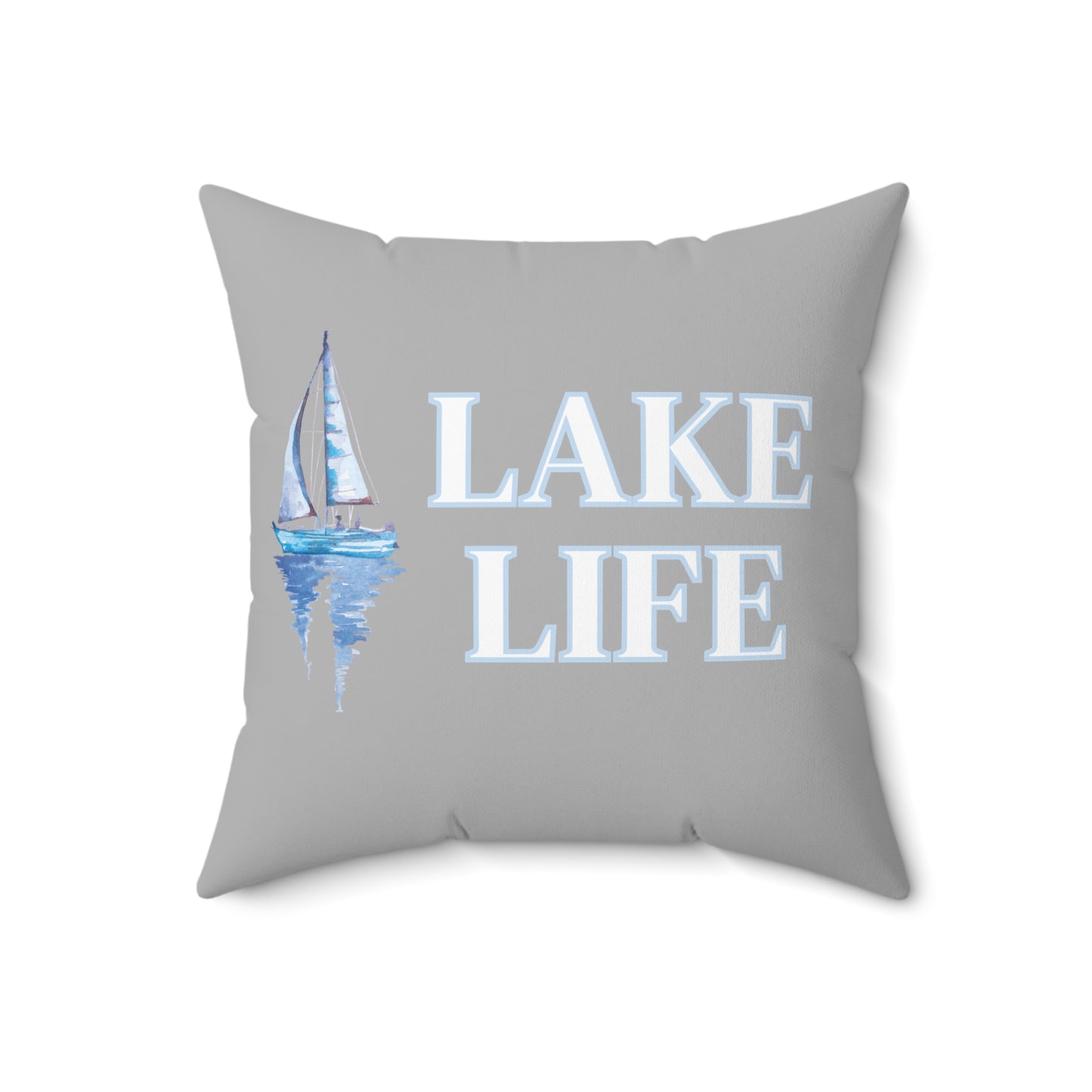 Lake Life Sailboat on the Water Square Pillow in grey, blue, & white