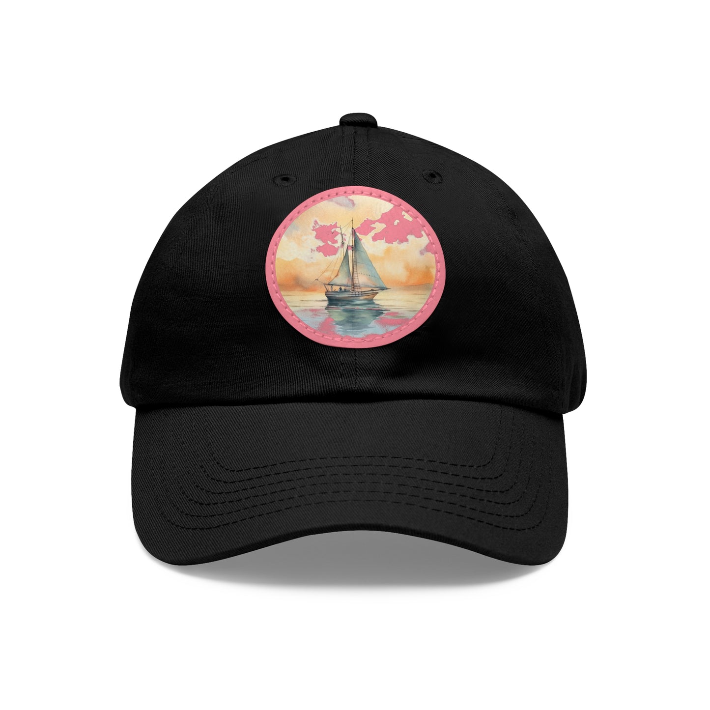 Nautical Elegance on a Crisp Morning Dad Hat with Leather Patch, white hat featuring a sailboat in neutral watercolors