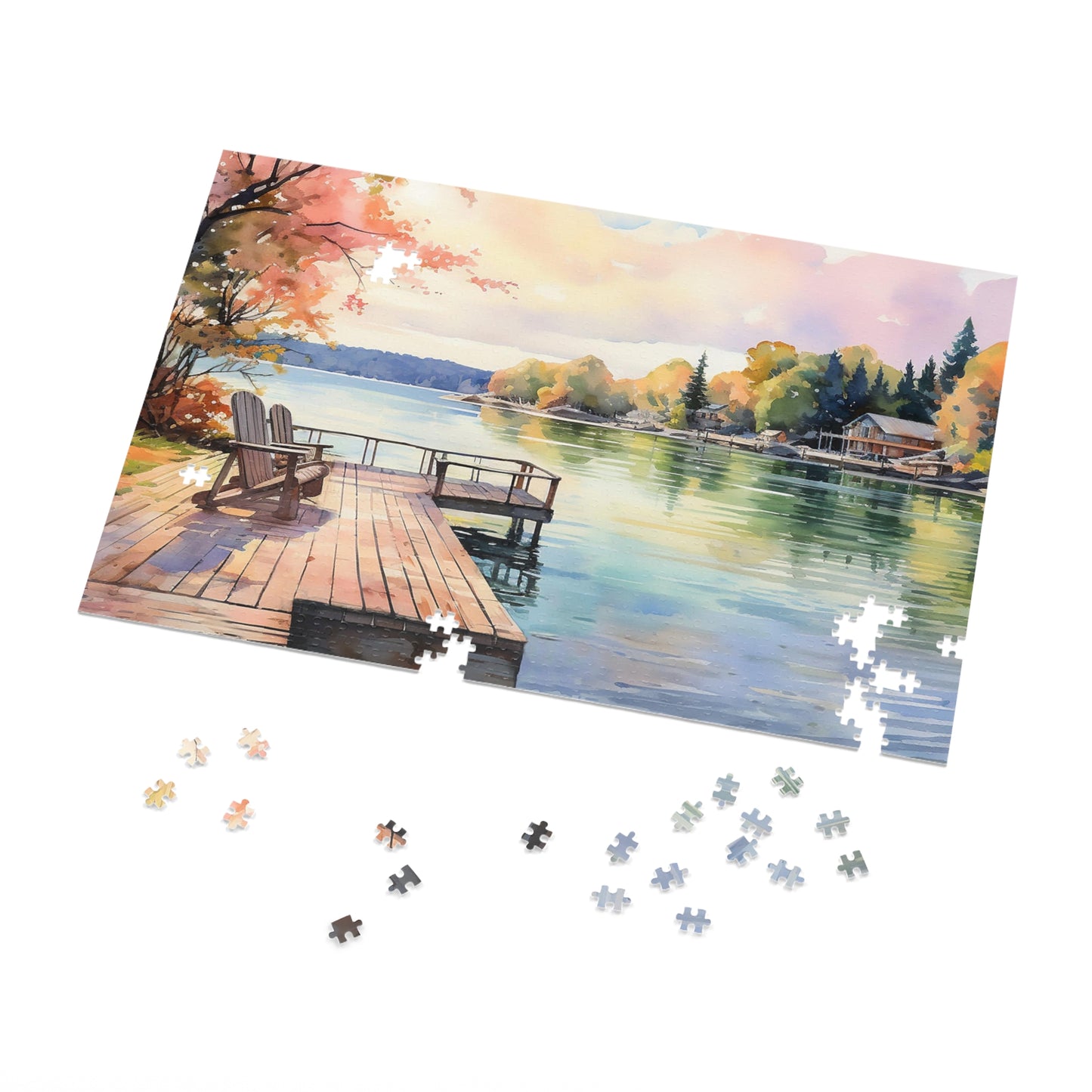 Lakeside Reflections Jigsaw Puzzle, beautiful watercolor scene, available in 500 or 1000 pieces