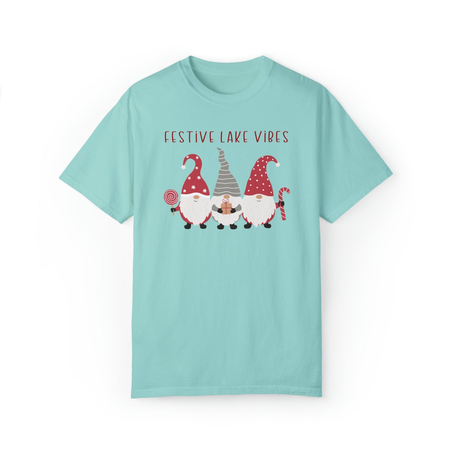 Holiday T-shirt, Festive Lake Vibes tee featuring adorable gnomes