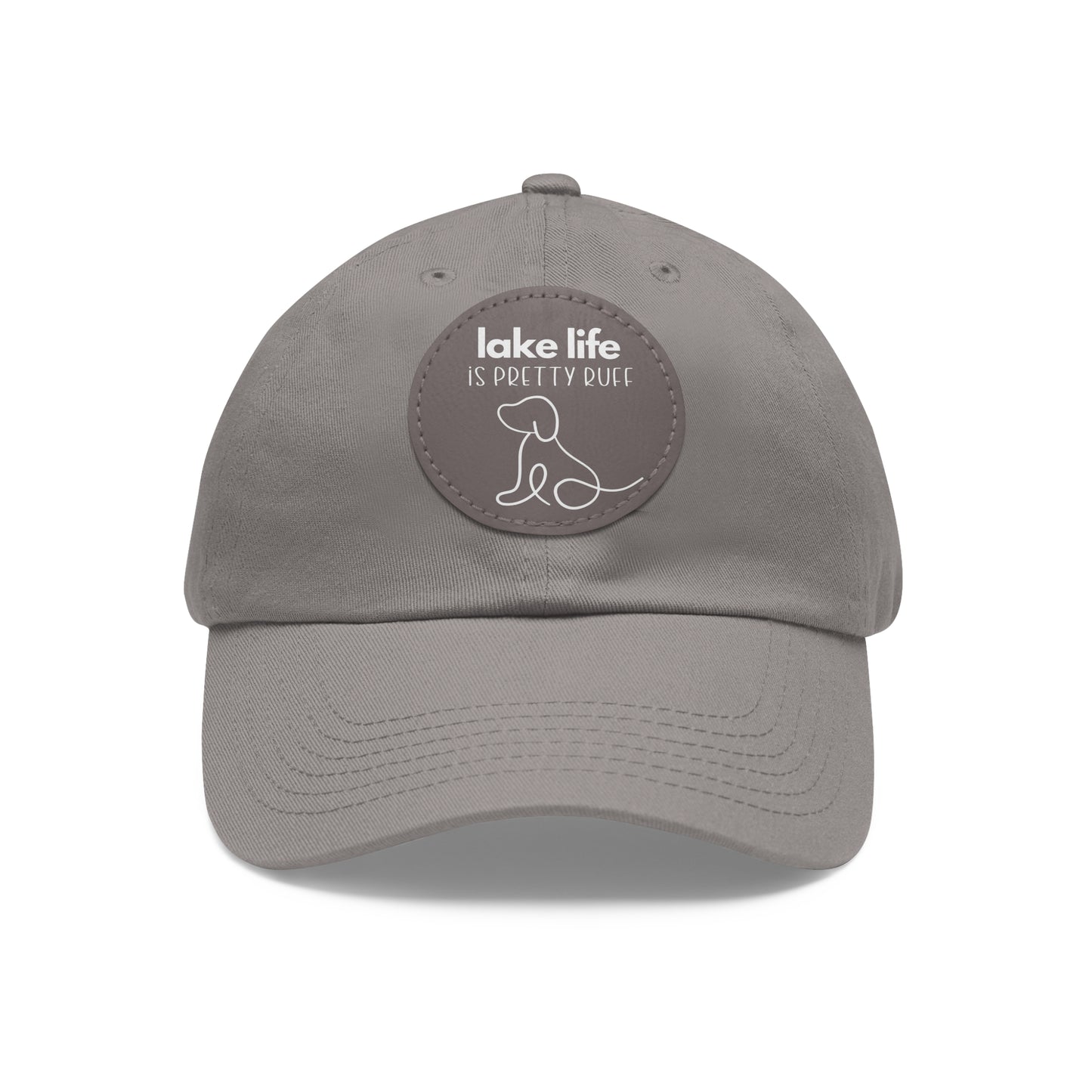 Lake Life is Pretty Ruff Dad Hat with Leather Patch, featuring an adorable pup line drawing and lettering above the design in white, available in 9 colors