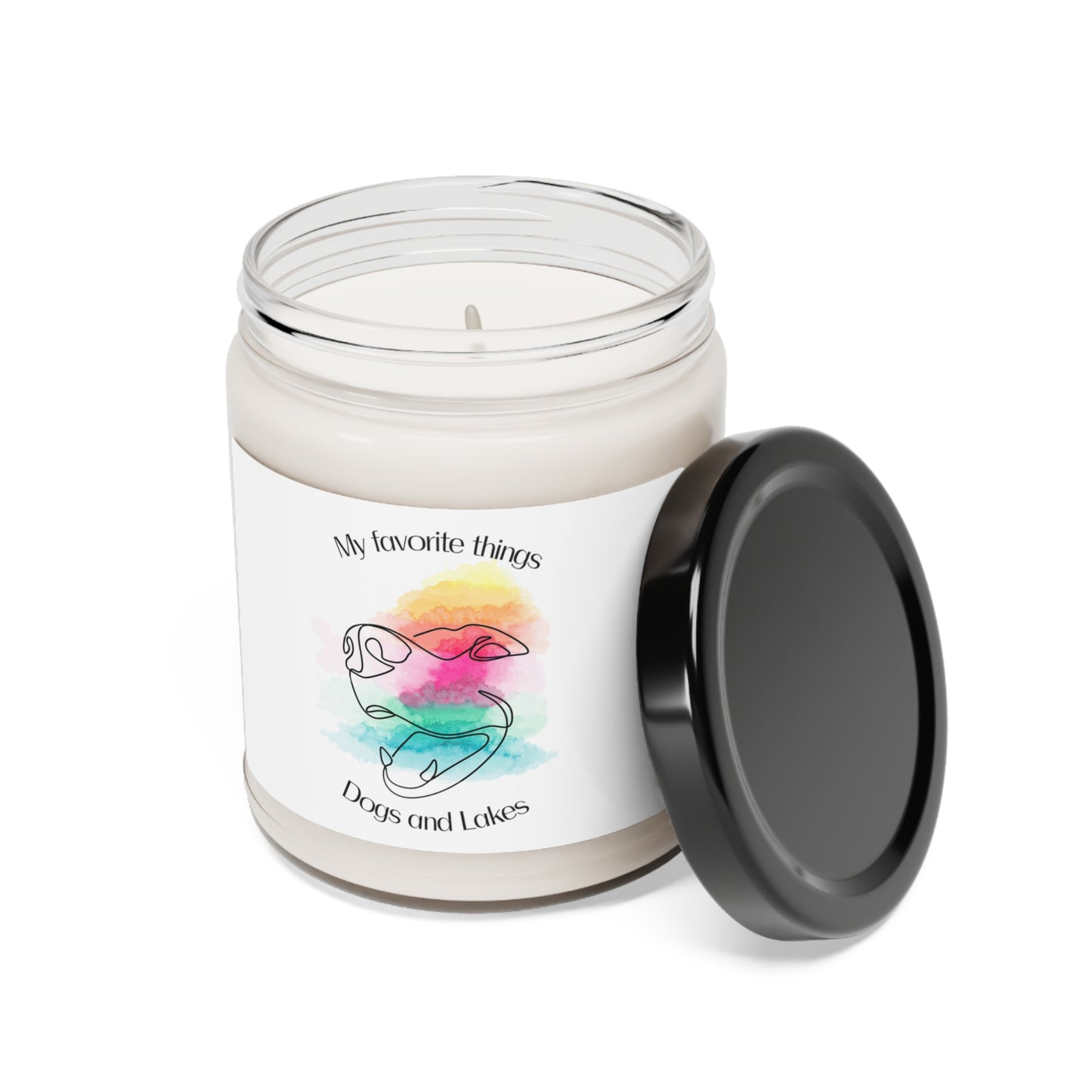 My Favorite Things ... Dogs and Lakes Scented Candle, 9oz, featuring a line drawing of a cute face face with multi-color watercolor background