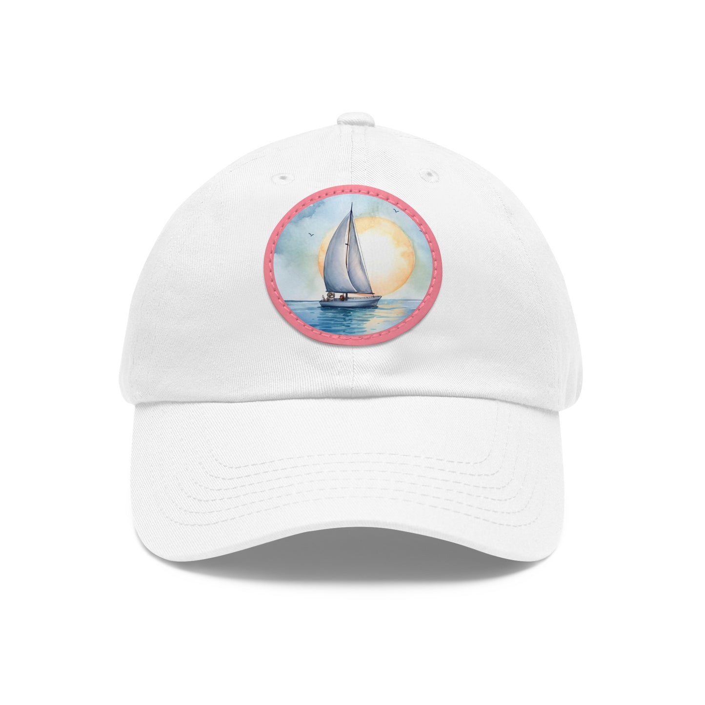 Sailing at Sunrise Dad Hat with Leather Patch, white hat featuring a sailboat in blue watercolors