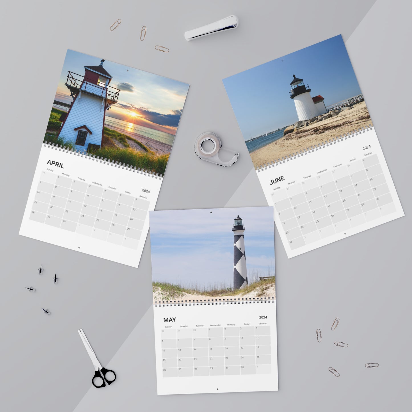 Coastal themed wall calendar (2024) featuring 12 months of beautiful lighthouses