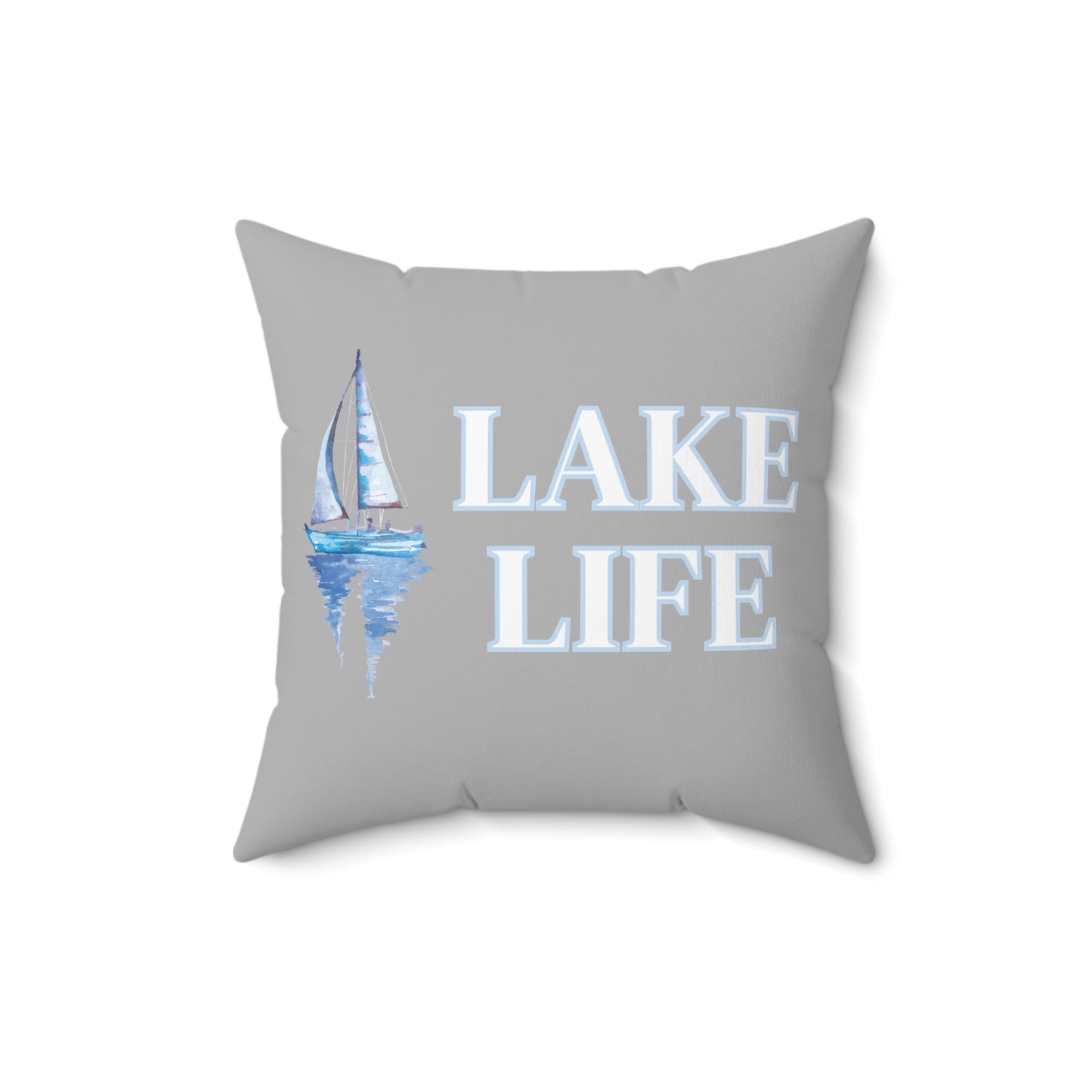 Lake Life Sailboat on the Water Square Pillow in grey, blue, & white