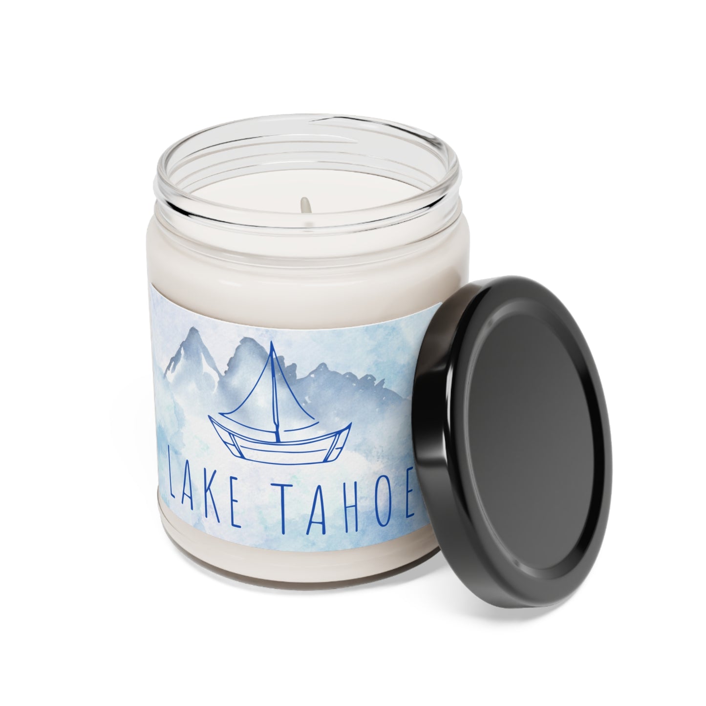 Lake Tahoe Sailboat candle in shades of blue watercolors