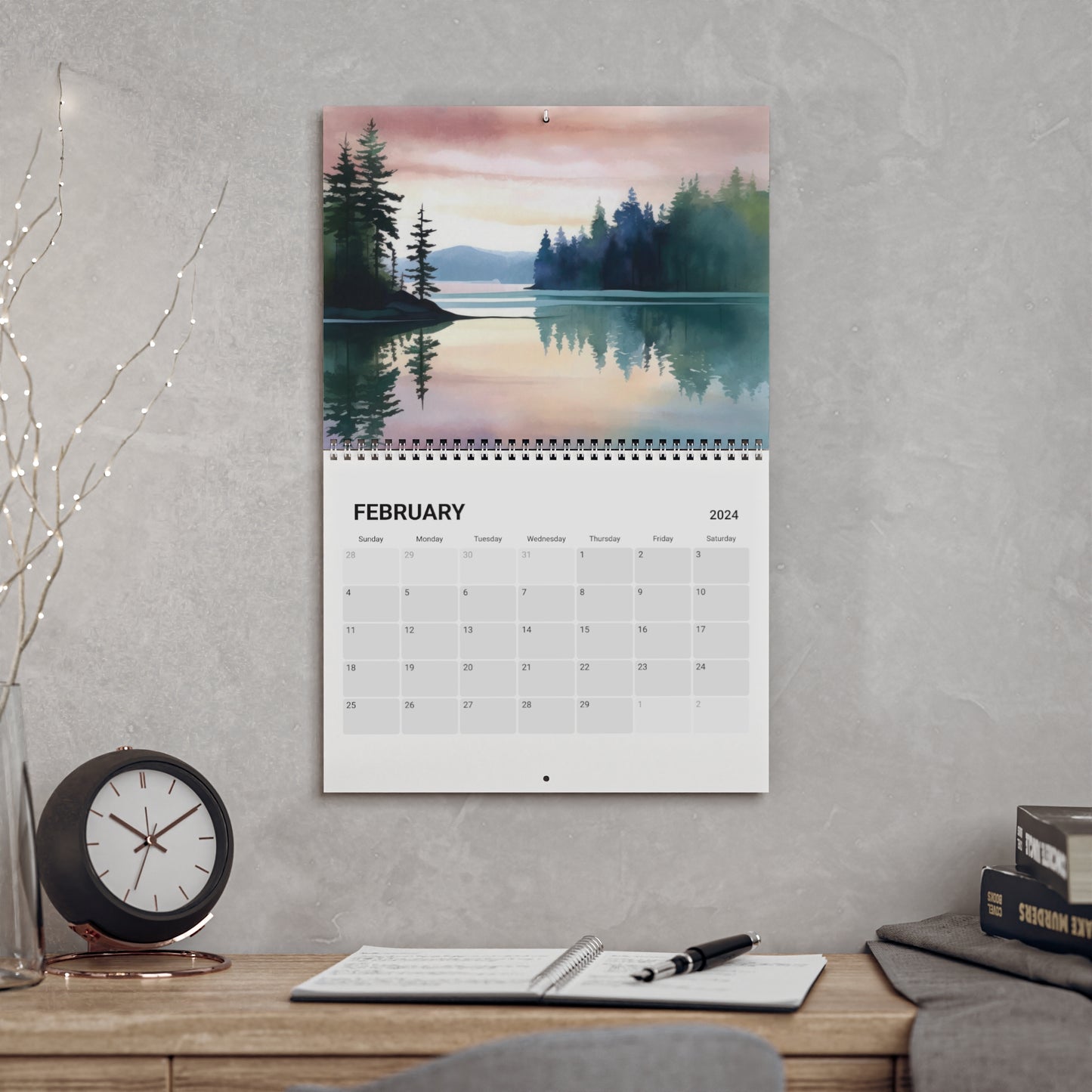 Lakeside Reflections Wall Calendar (2024) featuring 12 months of beautiful watercolor lake scenes