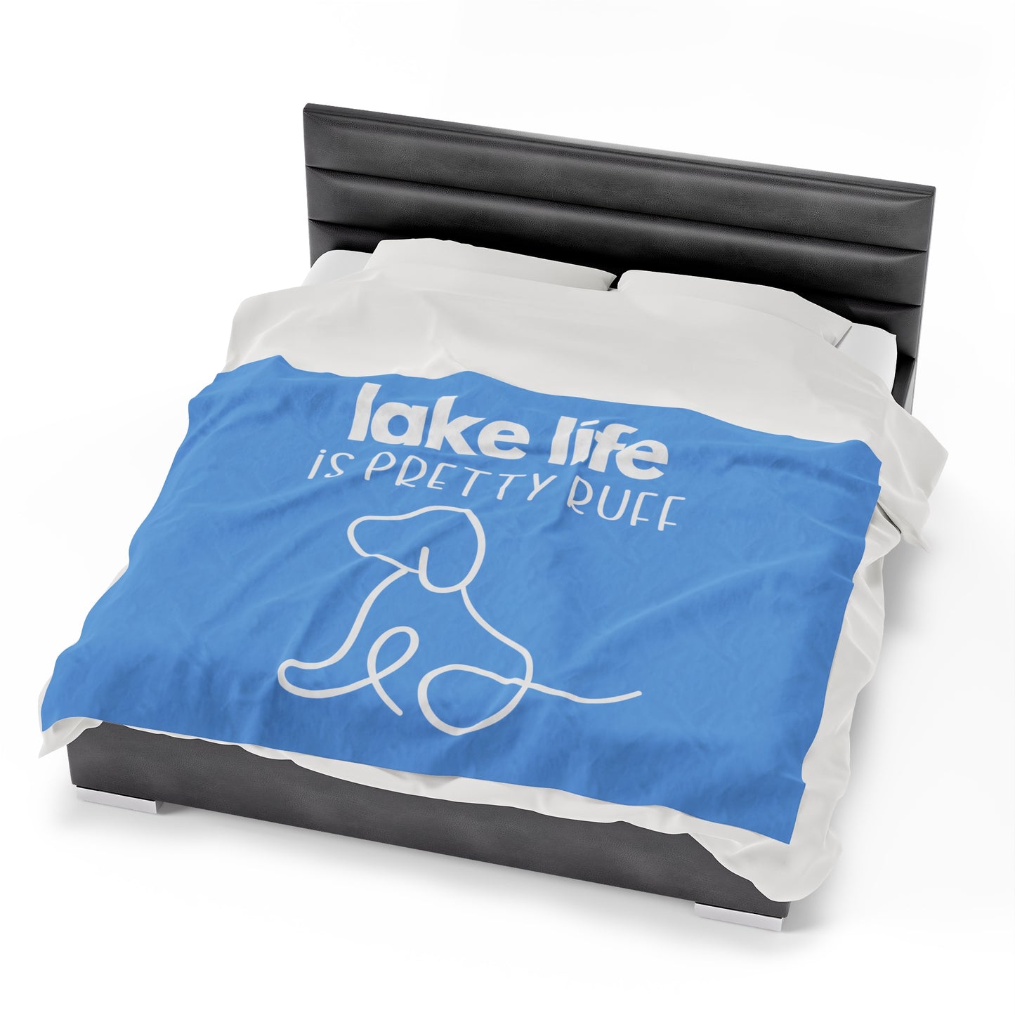 Lake life is Pretty Ruff Velveteen Plush Blanket featuring an adorable dog line drawing on a backdrop of blue