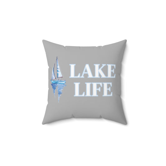 Lake Life Sailboat on the Water Square Pillow in grey, blue, & white