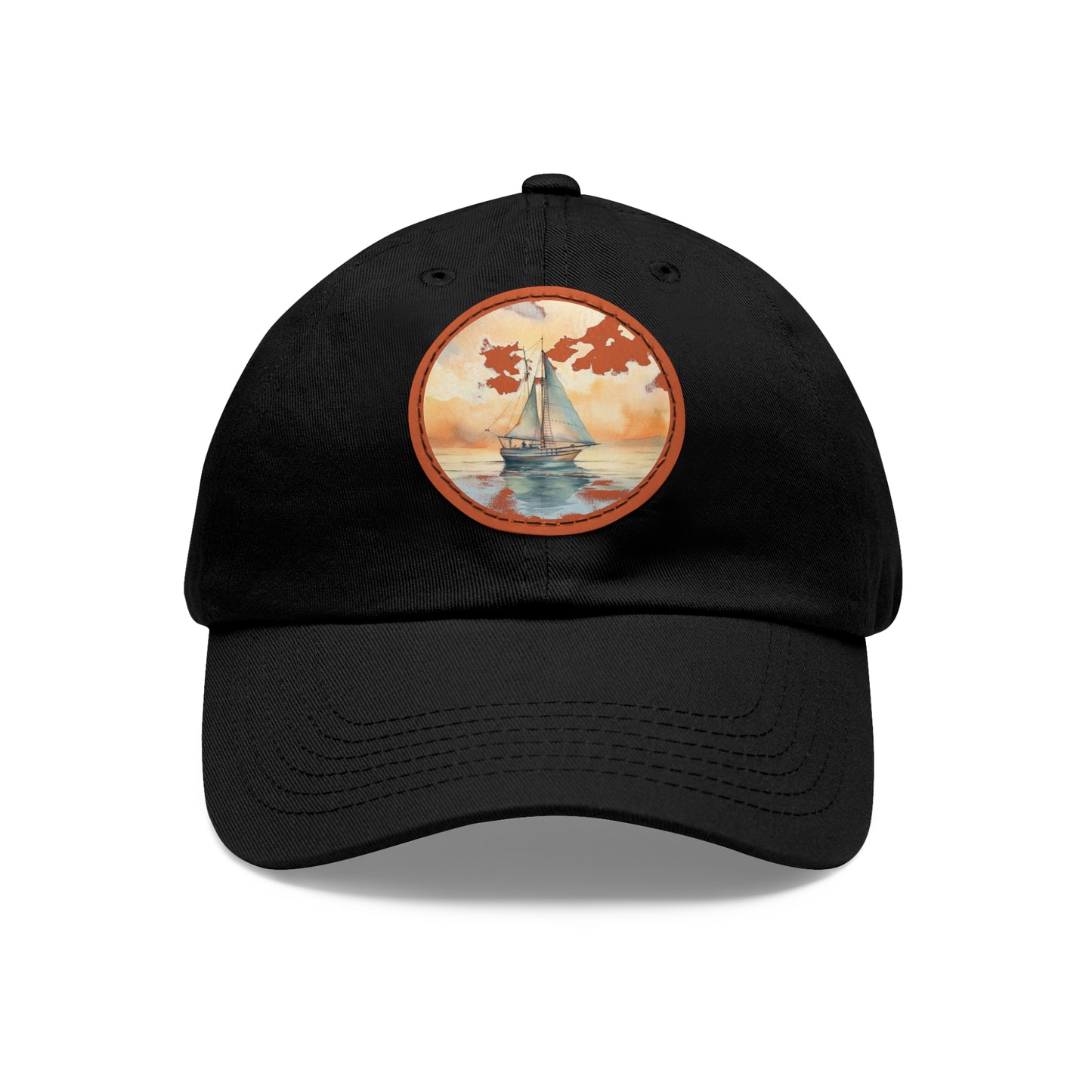 Nautical Elegance on a Crisp Morning Dad Hat with Leather Patch, white hat featuring a sailboat in neutral watercolors