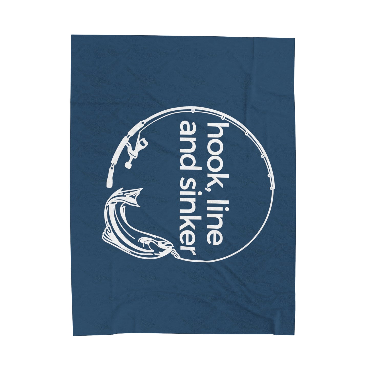 Hook, Line and Sinker Velveteen Plush Blanket in a deep warm blue color featuring a fishing pole and fish