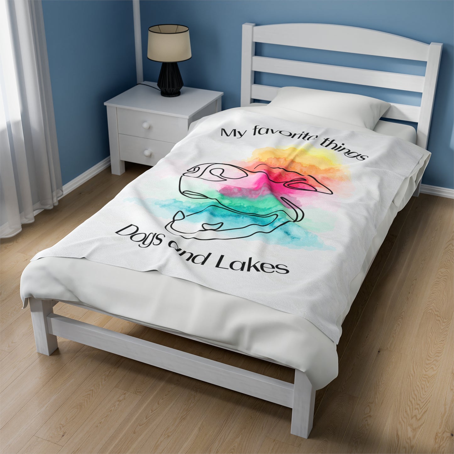 My Favorite Things: Dogs and Lakes Velveteen Plush Blanket featuring an adorable dog face line drawing with watercolor background