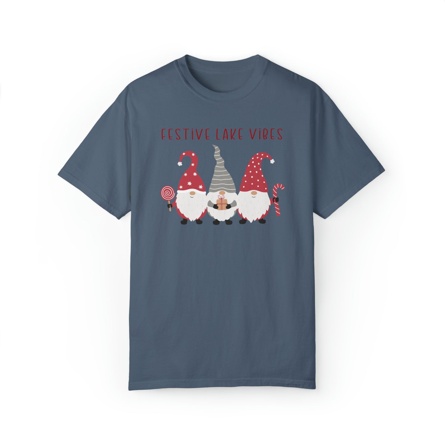 Holiday T-shirt, Festive Lake Vibes tee featuring adorable gnomes