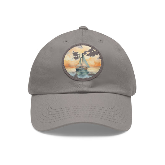 Nautical Elegance on a Crisp Morning Dad Hat with Leather Patch, white hat featuring a sailboat in neutral watercolors