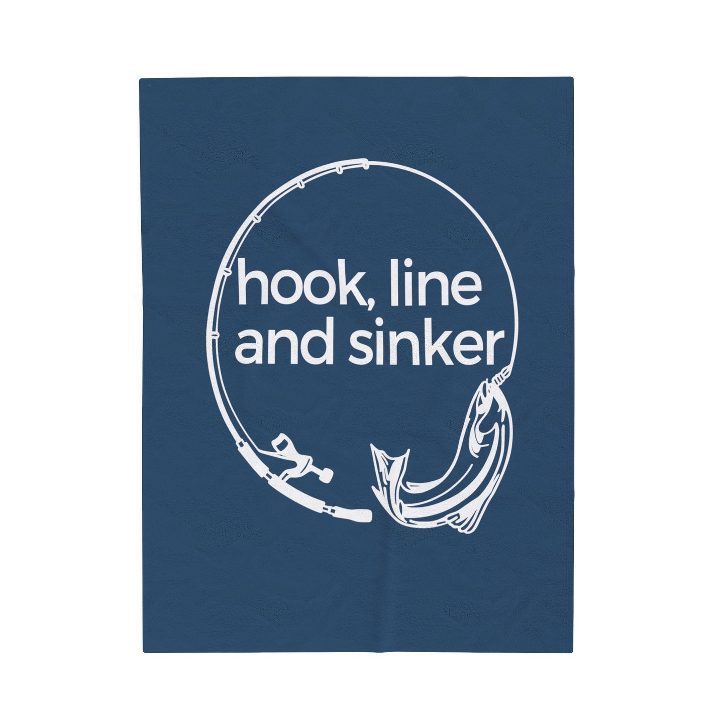 Hook, Line and Sinker Velveteen Plush Blanket in a deep warm blue color featuring a fishing pole and fish