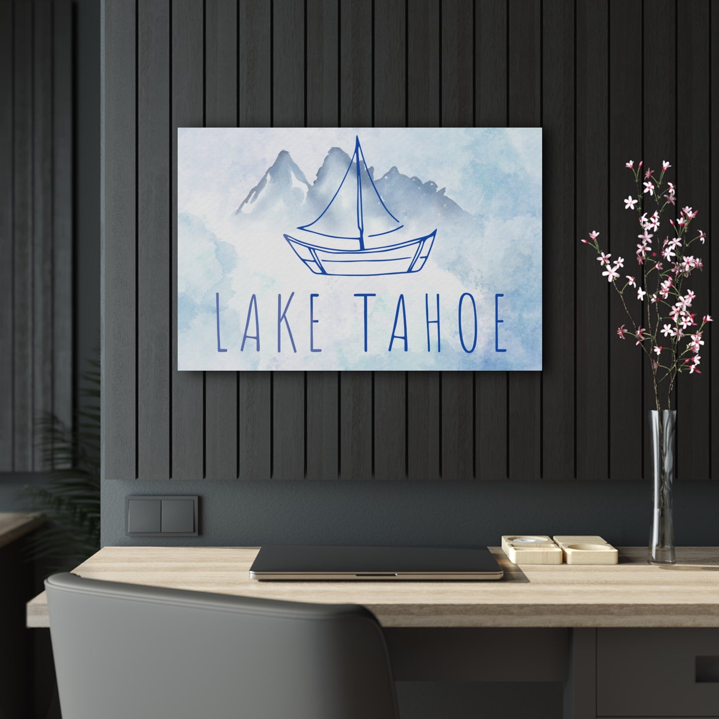 Lake Tahoe Sailboat Acrylic Print in shades of blue watercolors