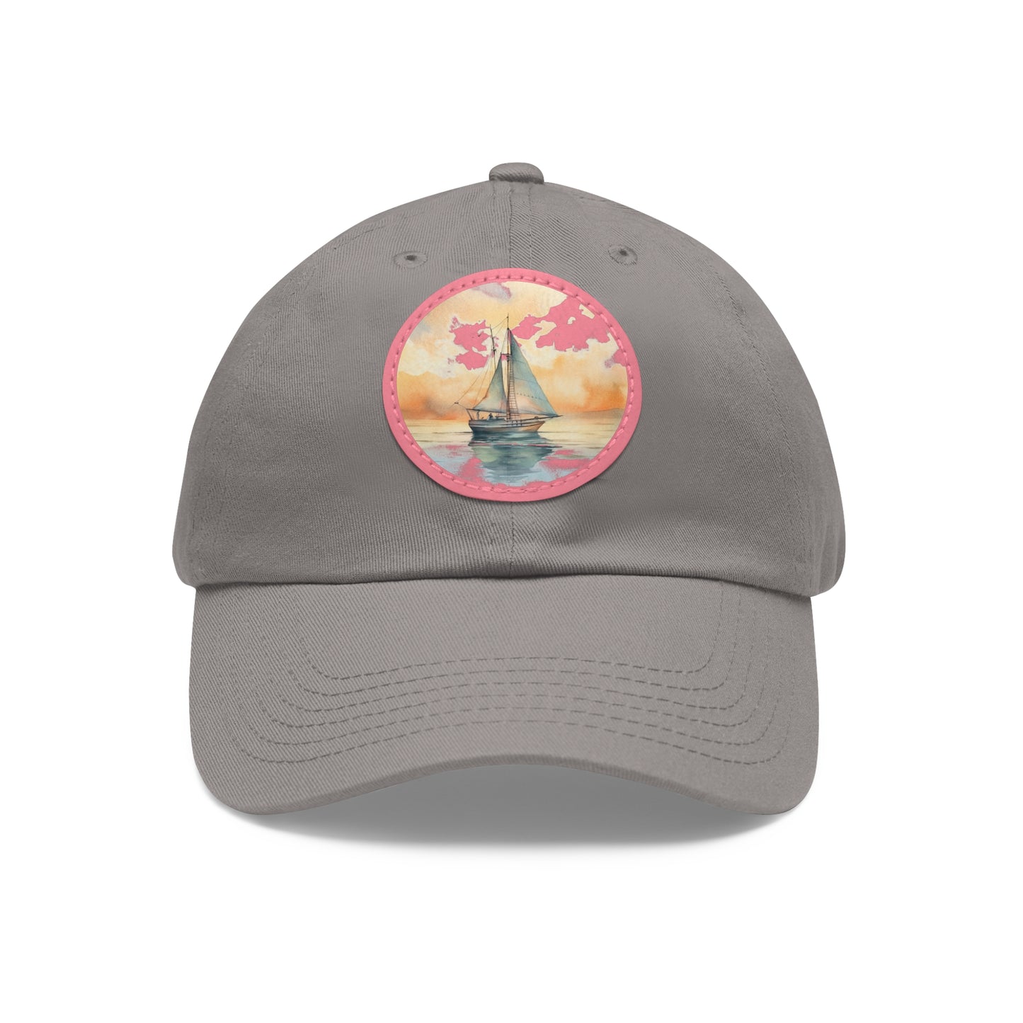 Nautical Elegance on a Crisp Morning Dad Hat with Leather Patch, white hat featuring a sailboat in neutral watercolors