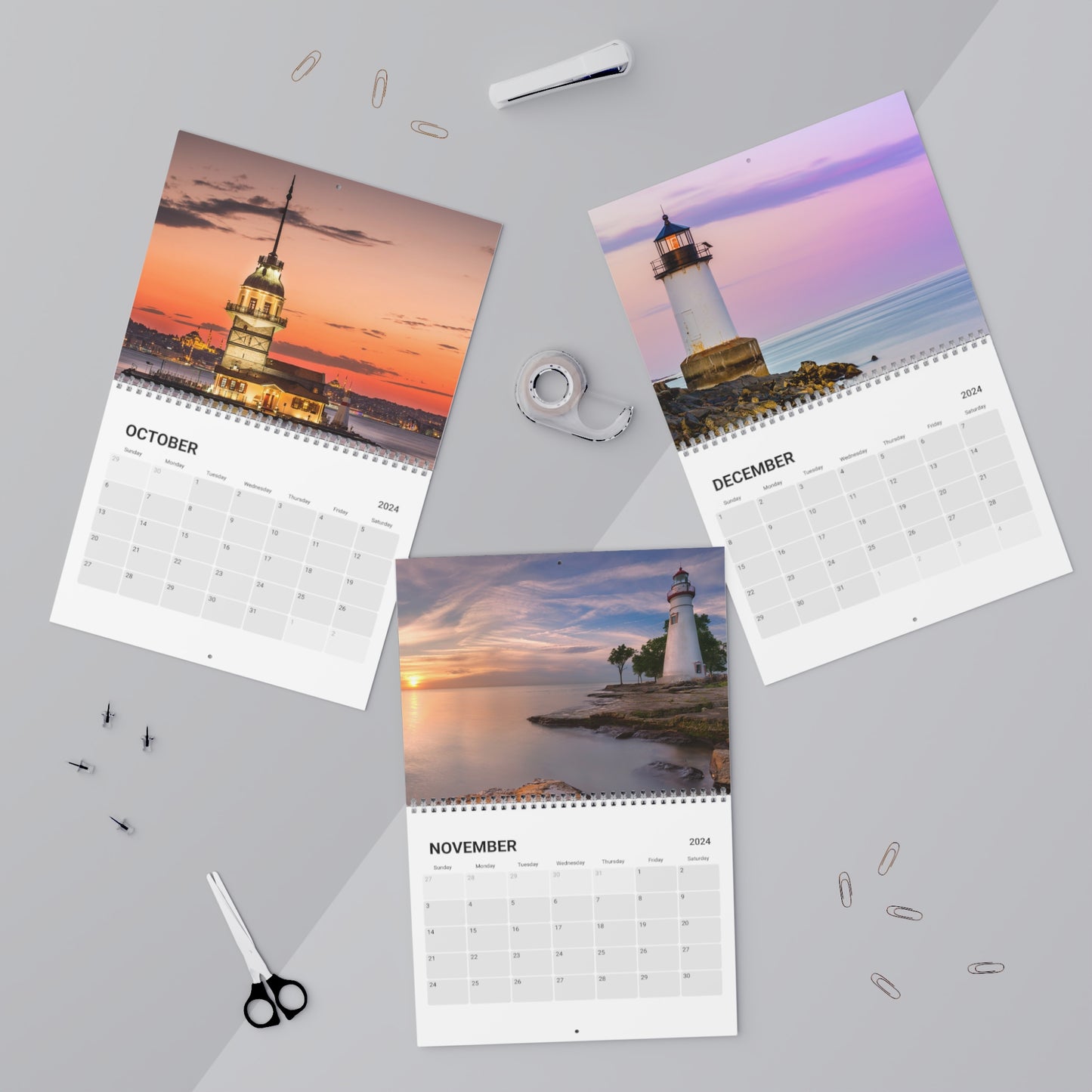 Coastal themed wall calendar (2024) featuring 12 months of beautiful lighthouses