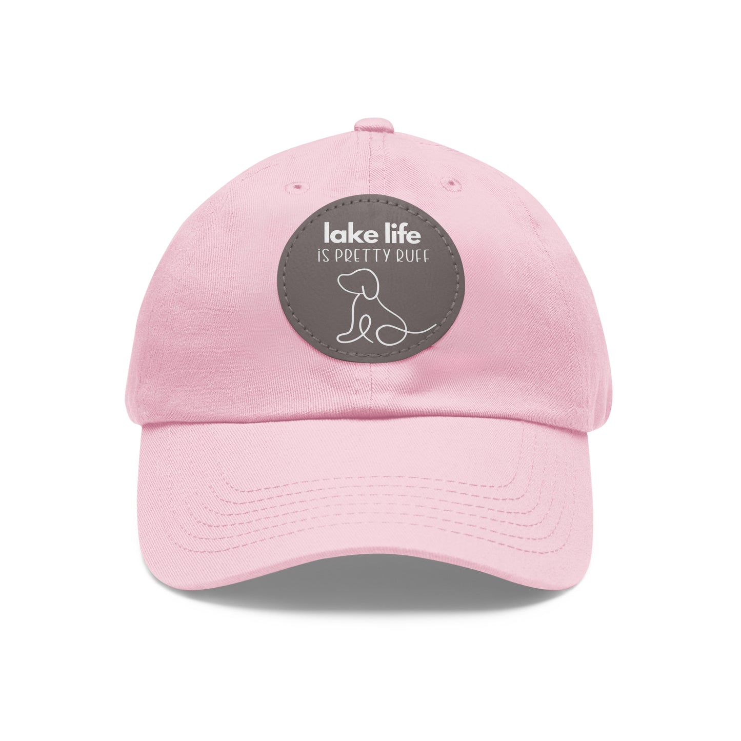 Lake Life is Pretty Ruff Dad Hat with Leather Patch, featuring an adorable pup line drawing and lettering above the design in white, available in 9 colors