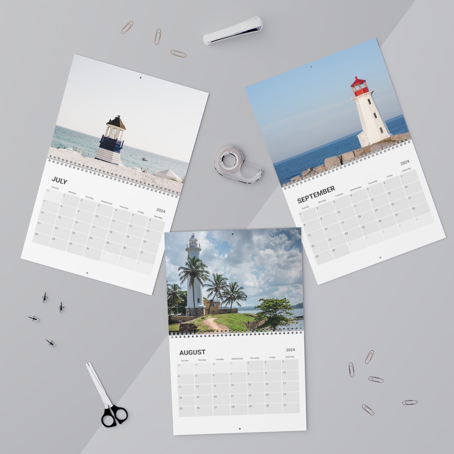 Coastal themed wall calendar (2024) featuring 12 months of beautiful lighthouses