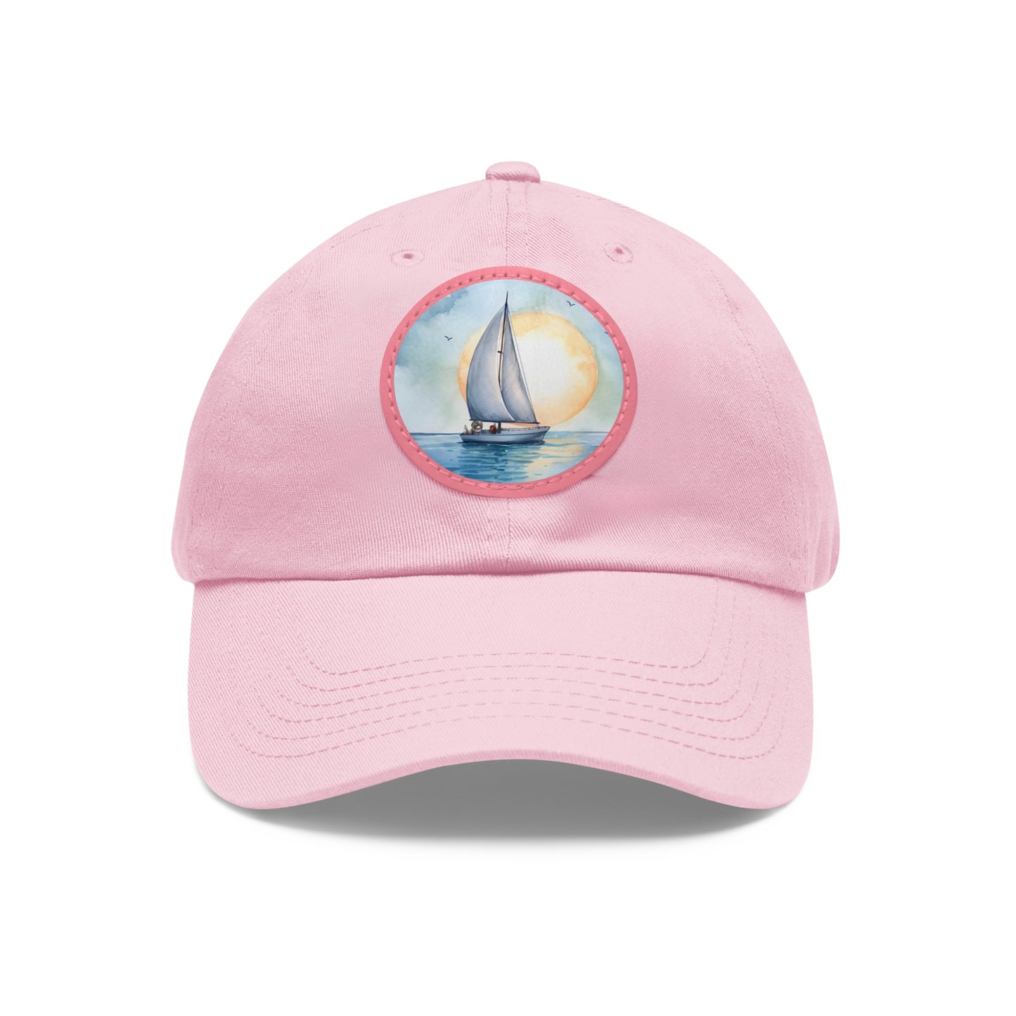 Sailing at Sunrise Dad Hat with Leather Patch, white hat featuring a sailboat in blue watercolors