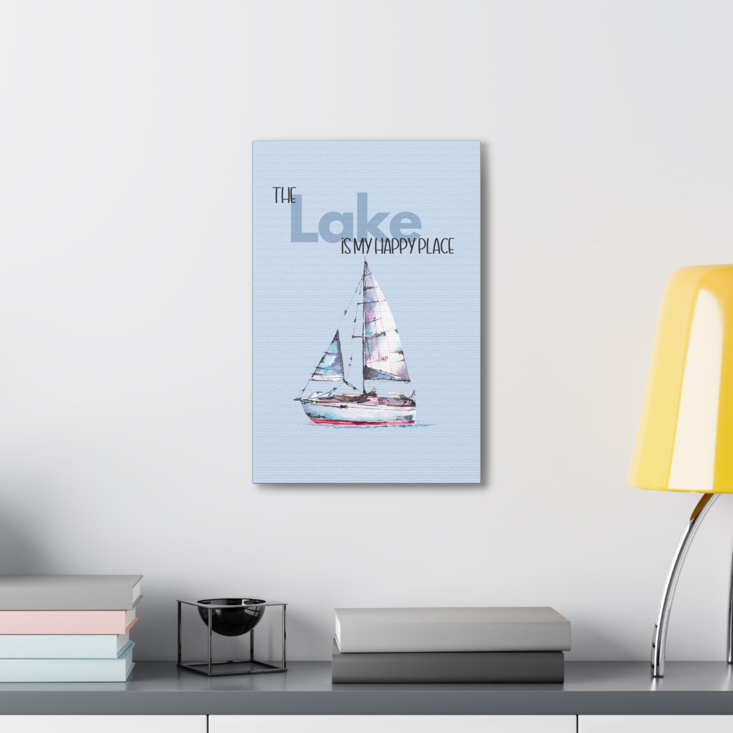 The Lake is my Happy Place Canvas in light blue & pink