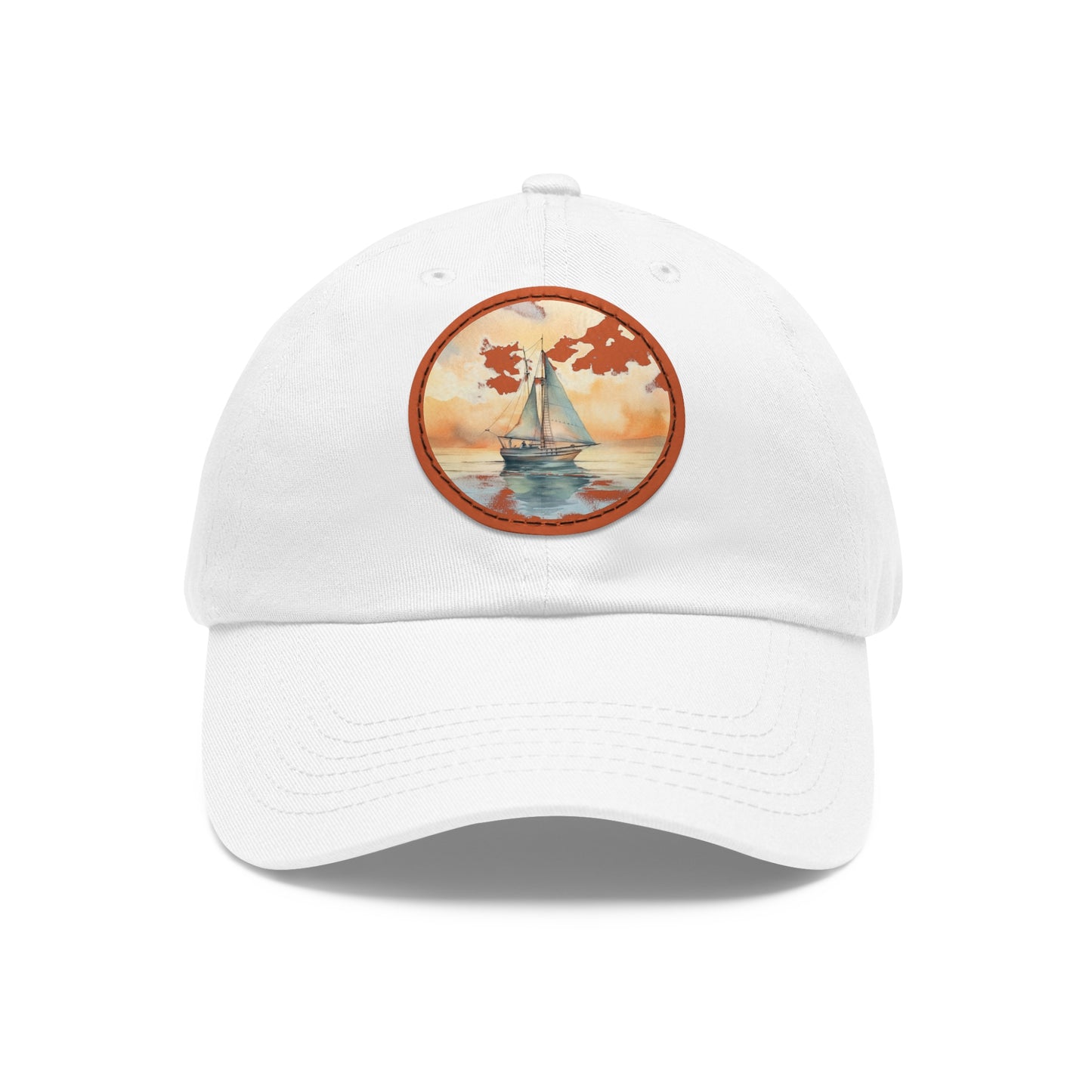 Nautical Elegance on a Crisp Morning Dad Hat with Leather Patch, white hat featuring a sailboat in neutral watercolors