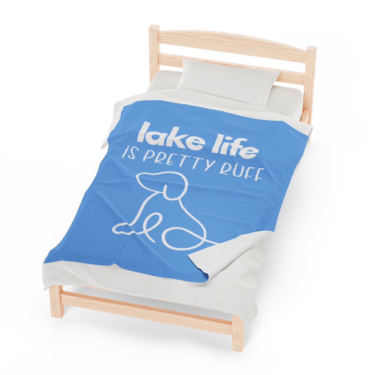 Lake life is Pretty Ruff Velveteen Plush Blanket featuring an adorable dog line drawing on a backdrop of blue