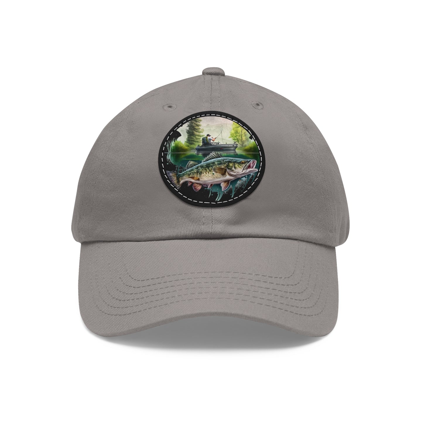 There's Always a Bigger Fish Dad Hat with Leather Patch, white hat featuring a fisherman and a walleye