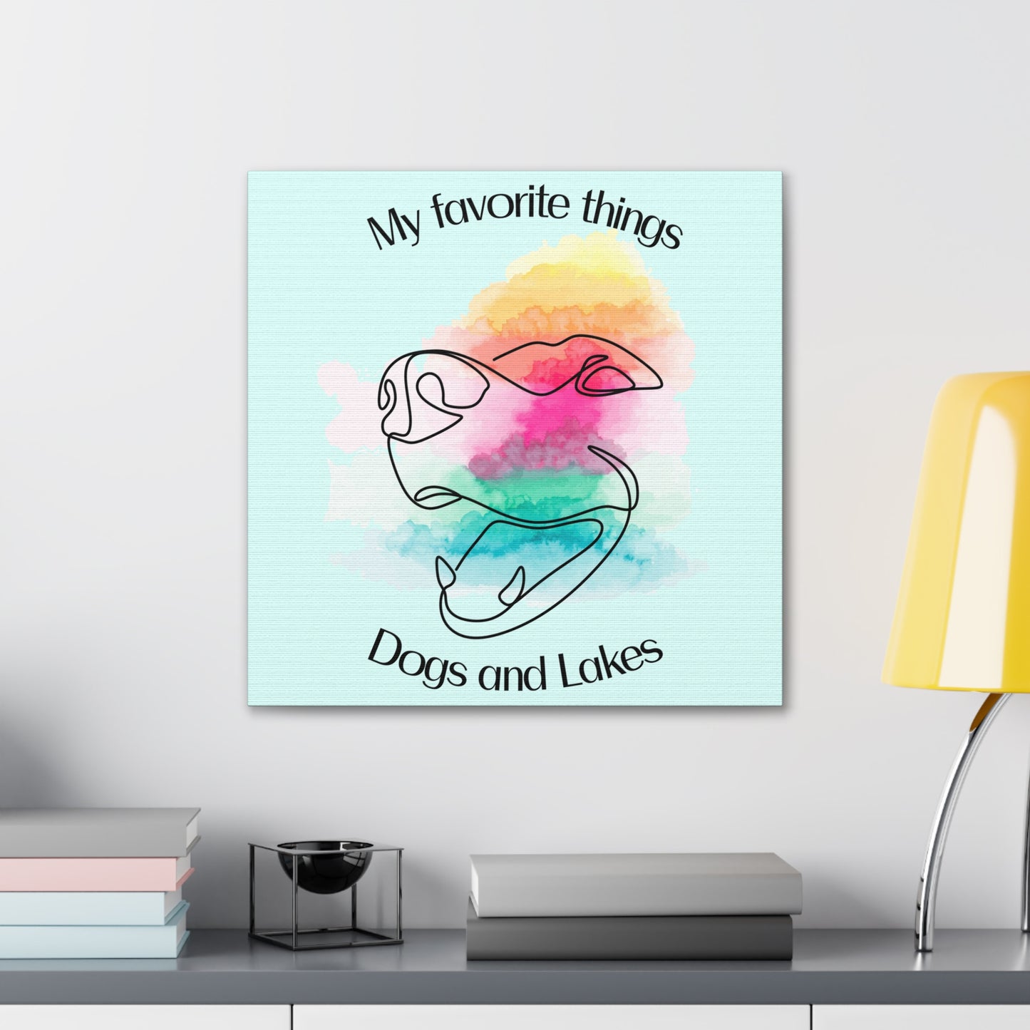 My Favorite Things ... Dogs and Lakes Canvas, featuring a cute dog face line drawing with watercolors and a mint green background