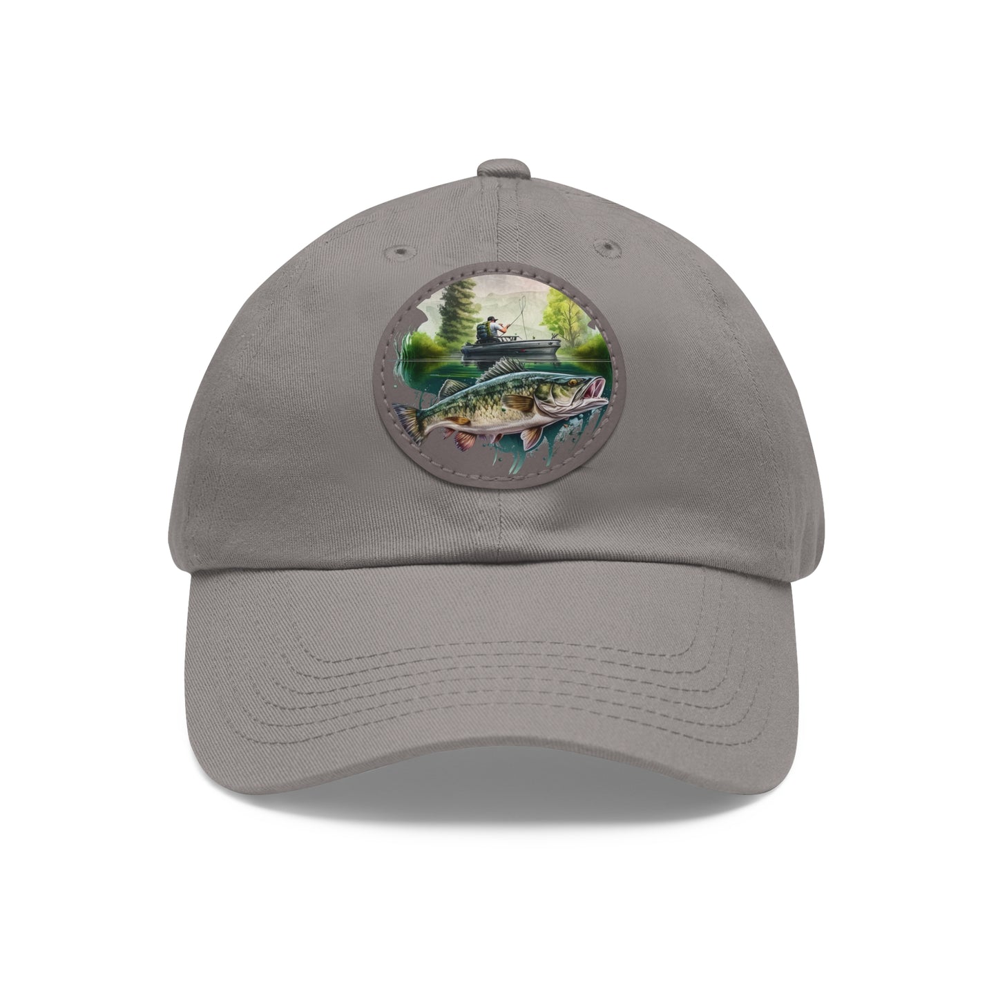 There's Always a Bigger Fish Dad Hat with Leather Patch, white hat featuring a fisherman and a walleye