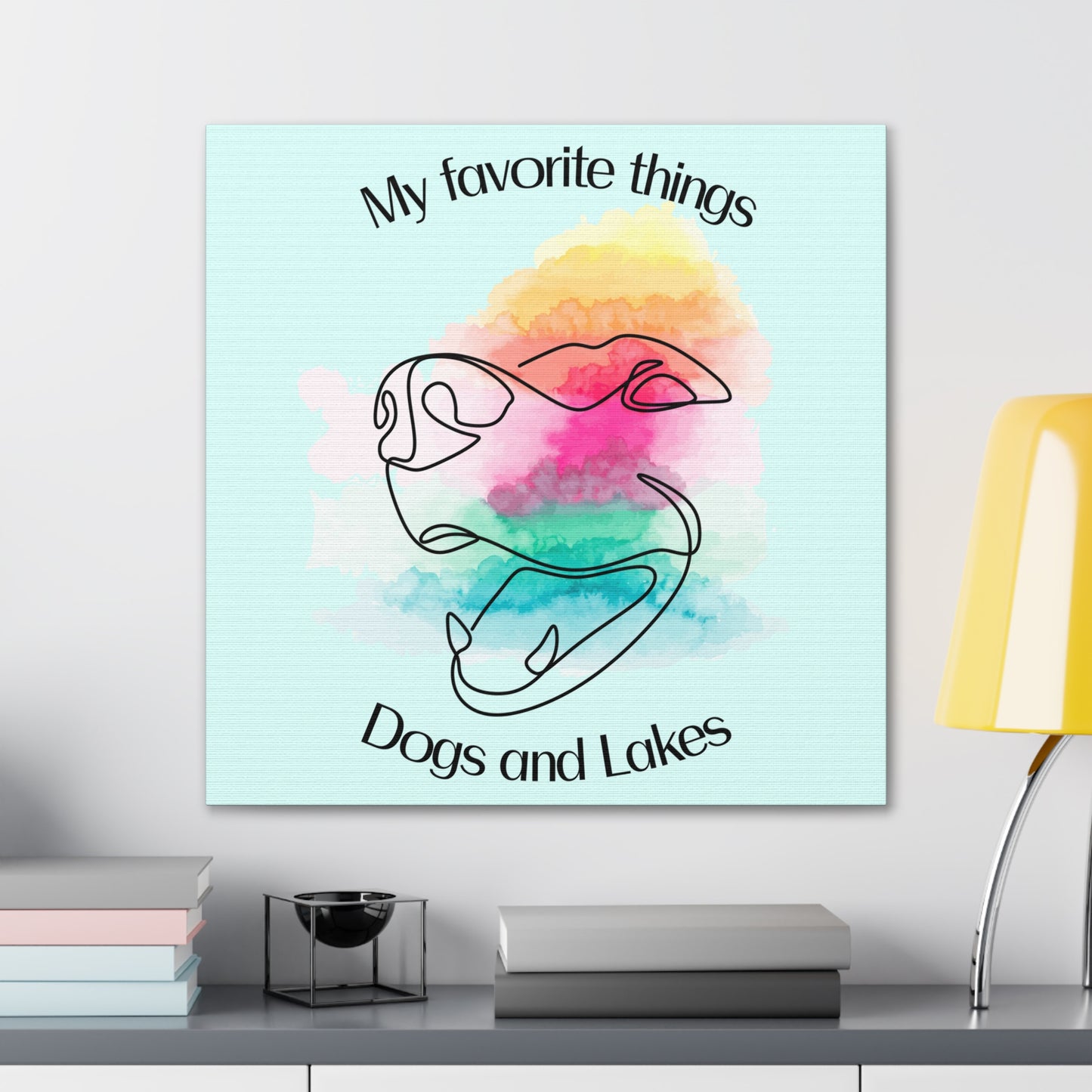 My Favorite Things ... Dogs and Lakes Canvas, featuring a cute dog face line drawing with watercolors and a mint green background