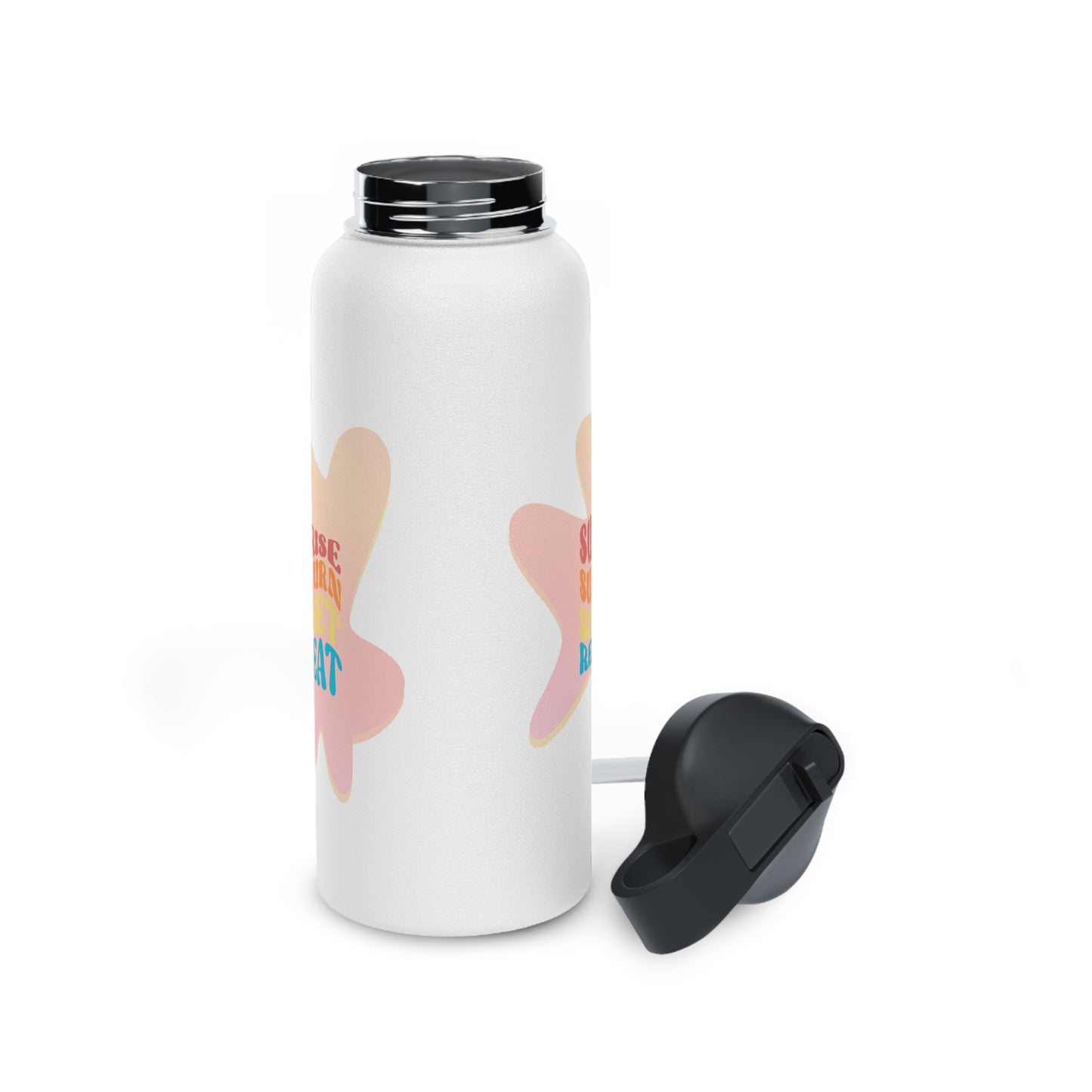 Sunrise, Sunburn, Sunset, Repeat Stainless Steel Water Bottle in pink and white