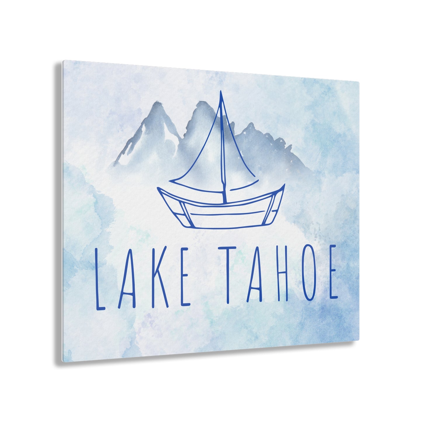 Lake Tahoe Sailboat Acrylic Print in shades of blue watercolors