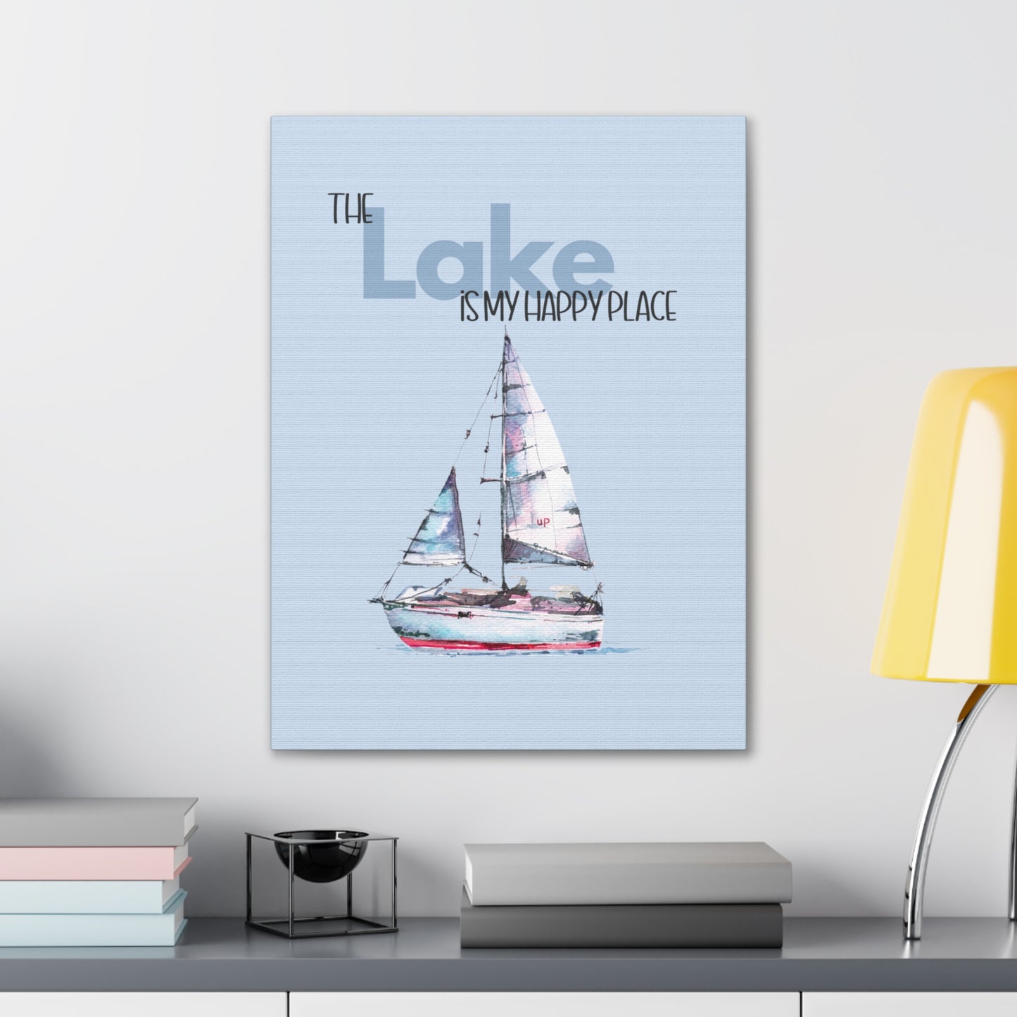 The Lake is my Happy Place Canvas in light blue & pink