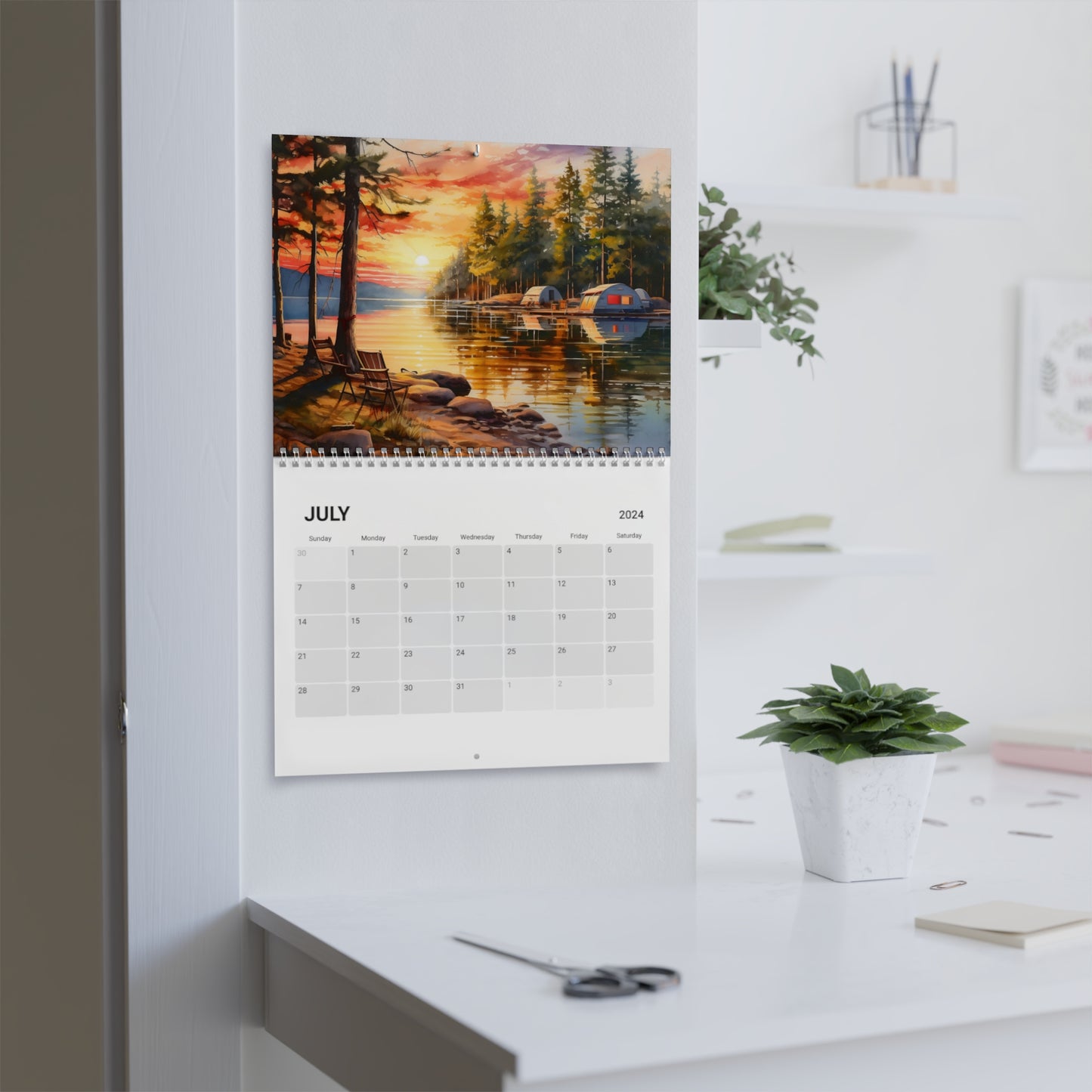 Lakeside Reflections Wall Calendar (2024) featuring 12 months of beautiful watercolor lake scenes