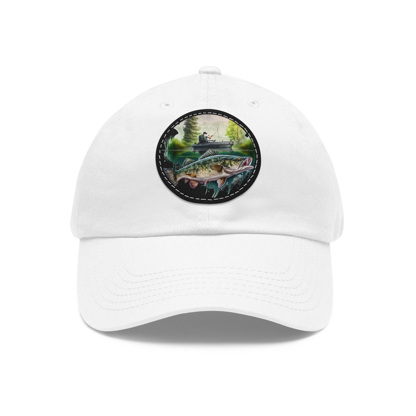 There's Always a Bigger Fish Dad Hat with Leather Patch, white hat featuring a fisherman and a walleye