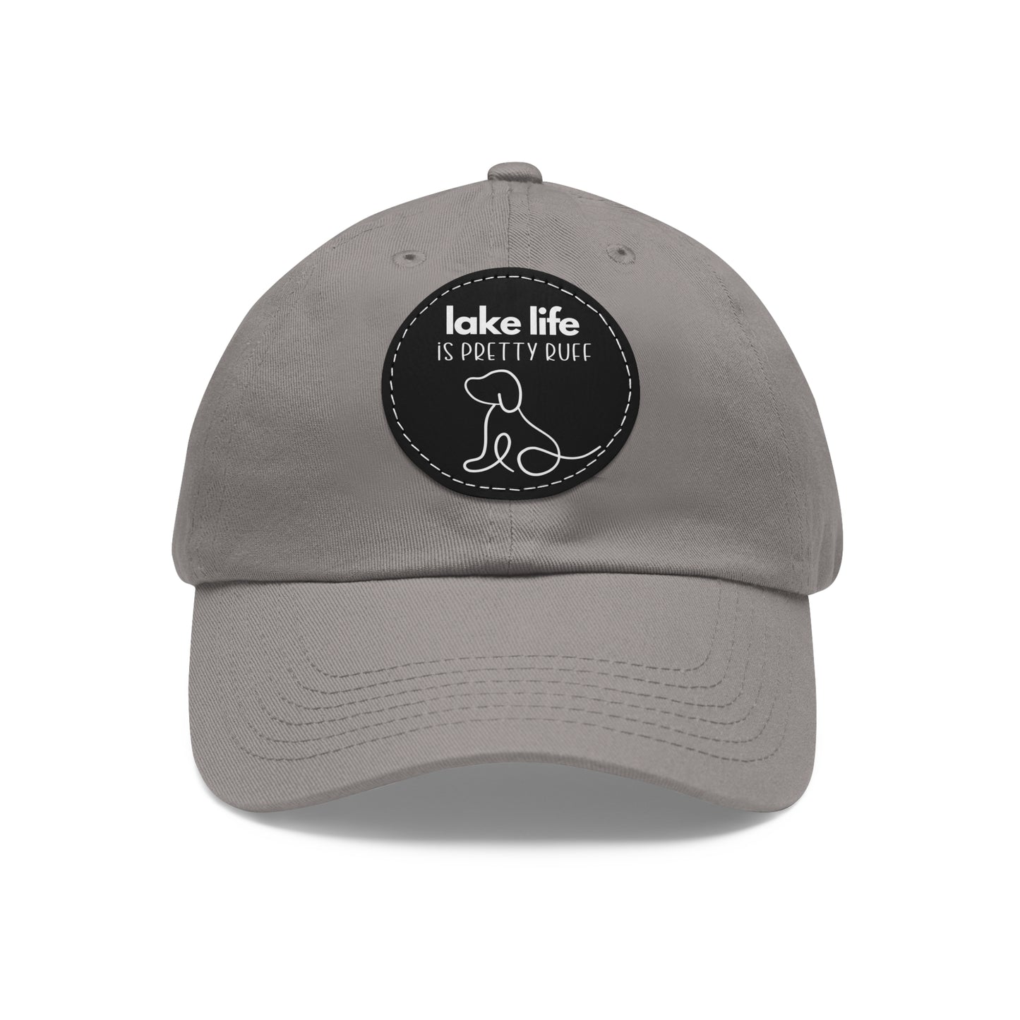 Lake Life is Pretty Ruff Dad Hat with Leather Patch, featuring an adorable pup line drawing and lettering above the design in white, available in 9 colors