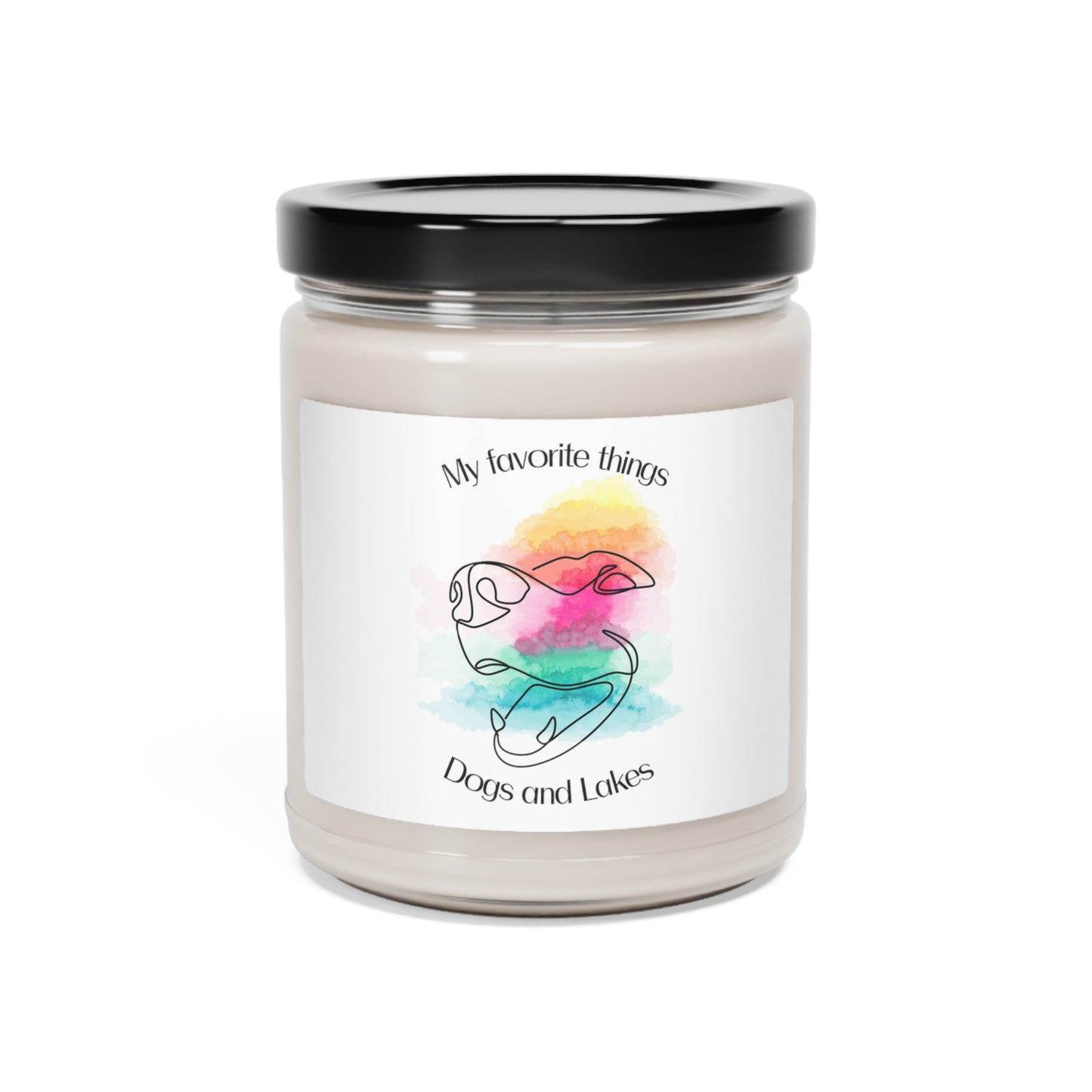 My Favorite Things ... Dogs and Lakes Scented Candle, 9oz, featuring a line drawing of a cute face face with multi-color watercolor background