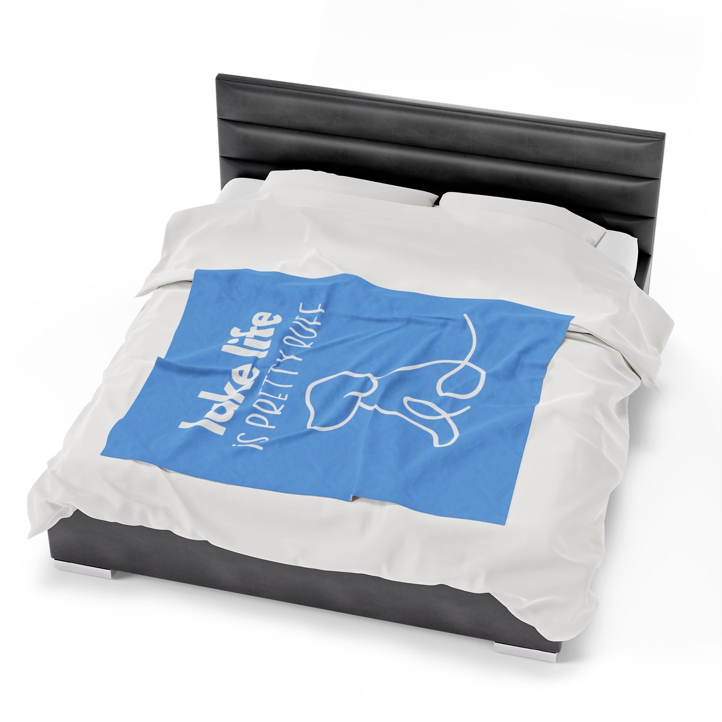 Lake life is Pretty Ruff Velveteen Plush Blanket featuring an adorable dog line drawing on a backdrop of blue