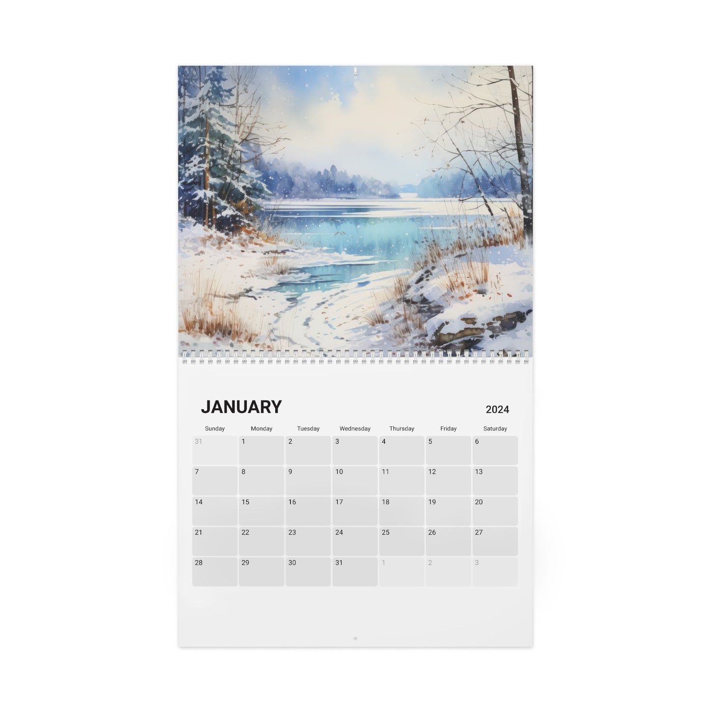 Lakeside Reflections Wall Calendar (2024) featuring 12 months of beautiful watercolor lake scenes