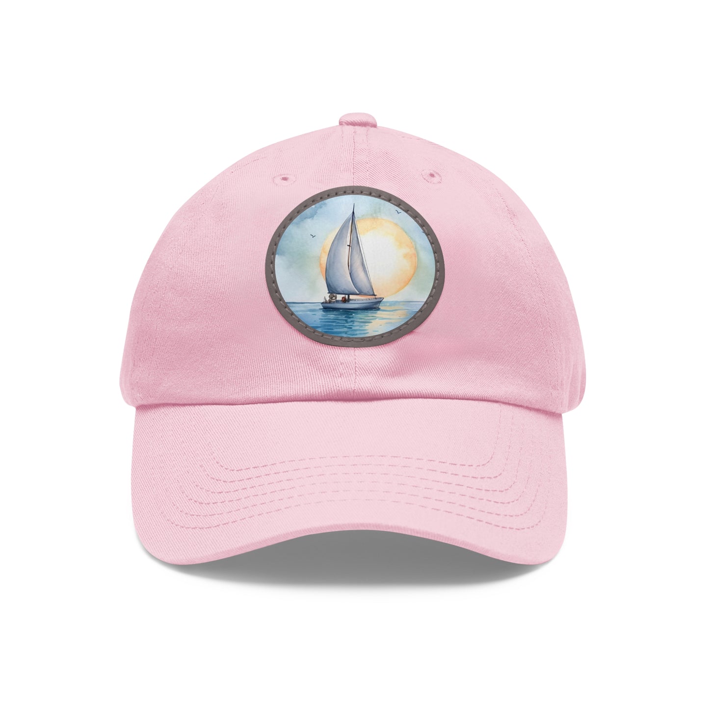 Sailing at Sunrise Dad Hat with Leather Patch, white hat featuring a sailboat in blue watercolors