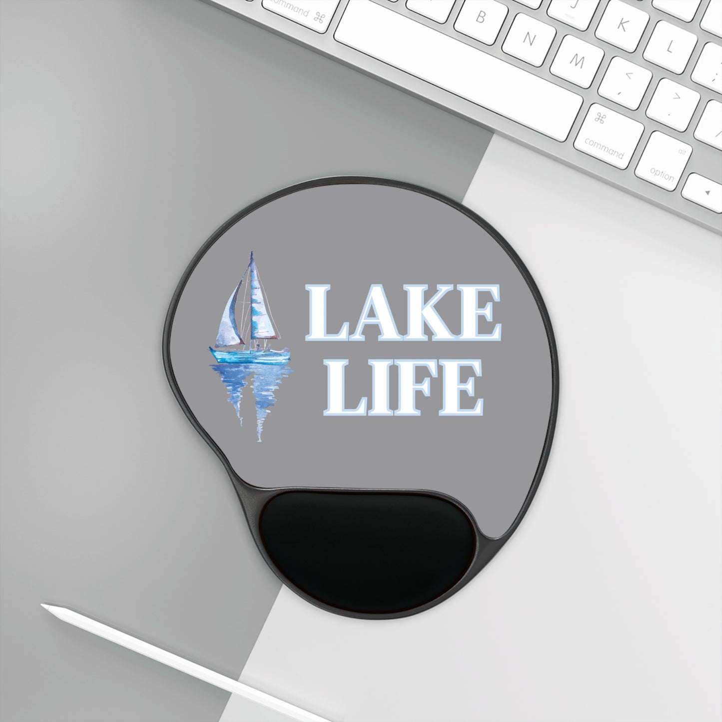 Lake Life Sailboat on the Water Mouse Pad in grey, blue, & white