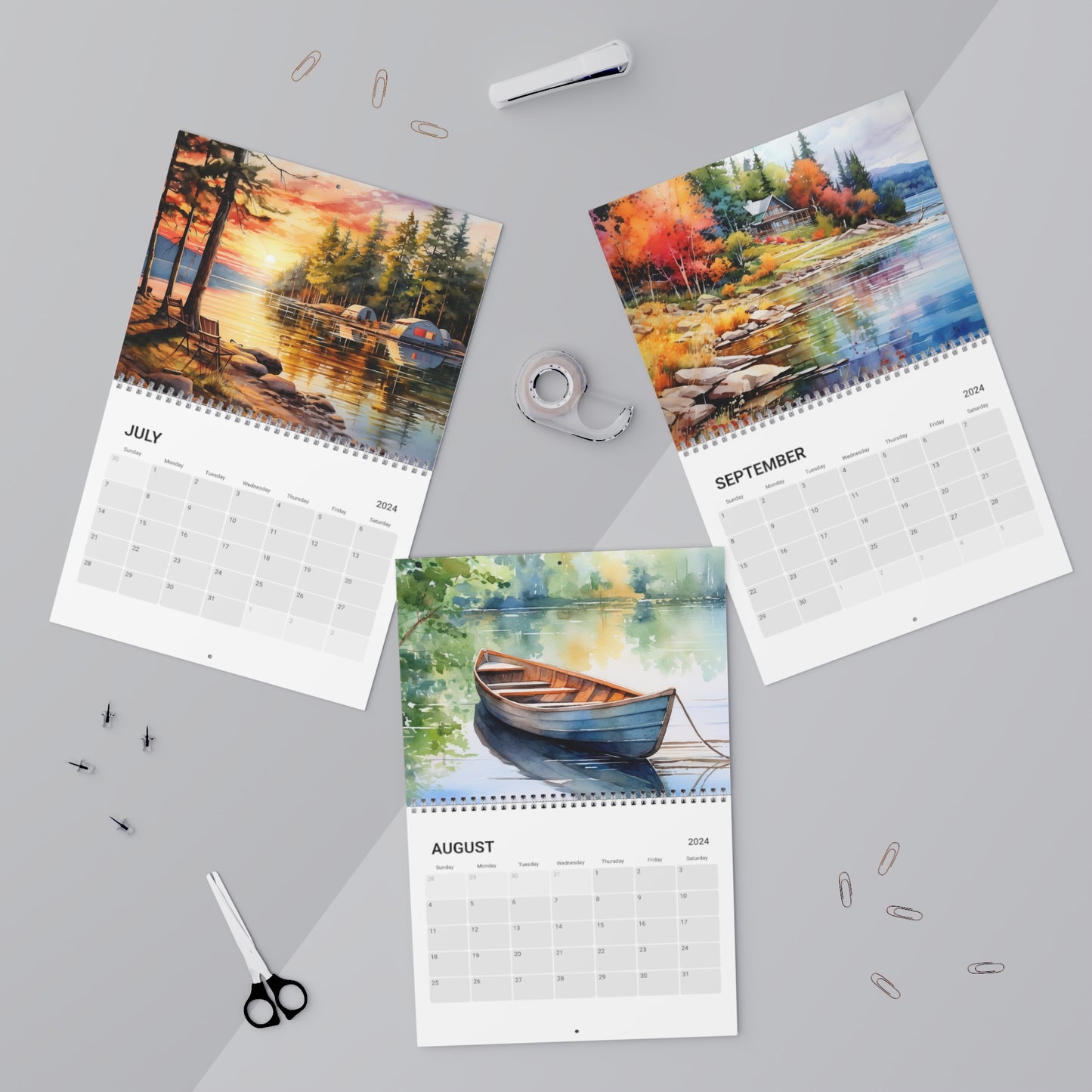 Lakeside Reflections Wall Calendar (2024) featuring 12 months of beautiful watercolor lake scenes