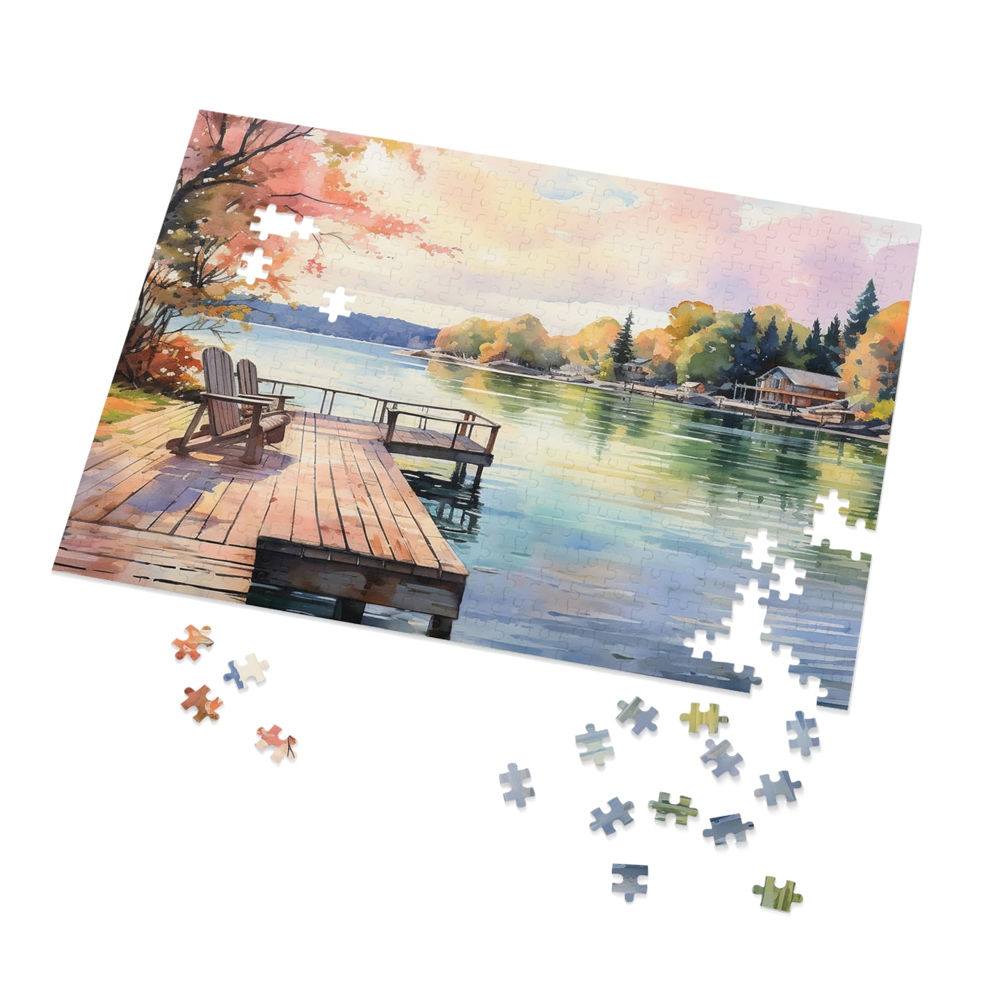 Lakeside Reflections Jigsaw Puzzle, beautiful watercolor scene, available in 500 or 1000 pieces