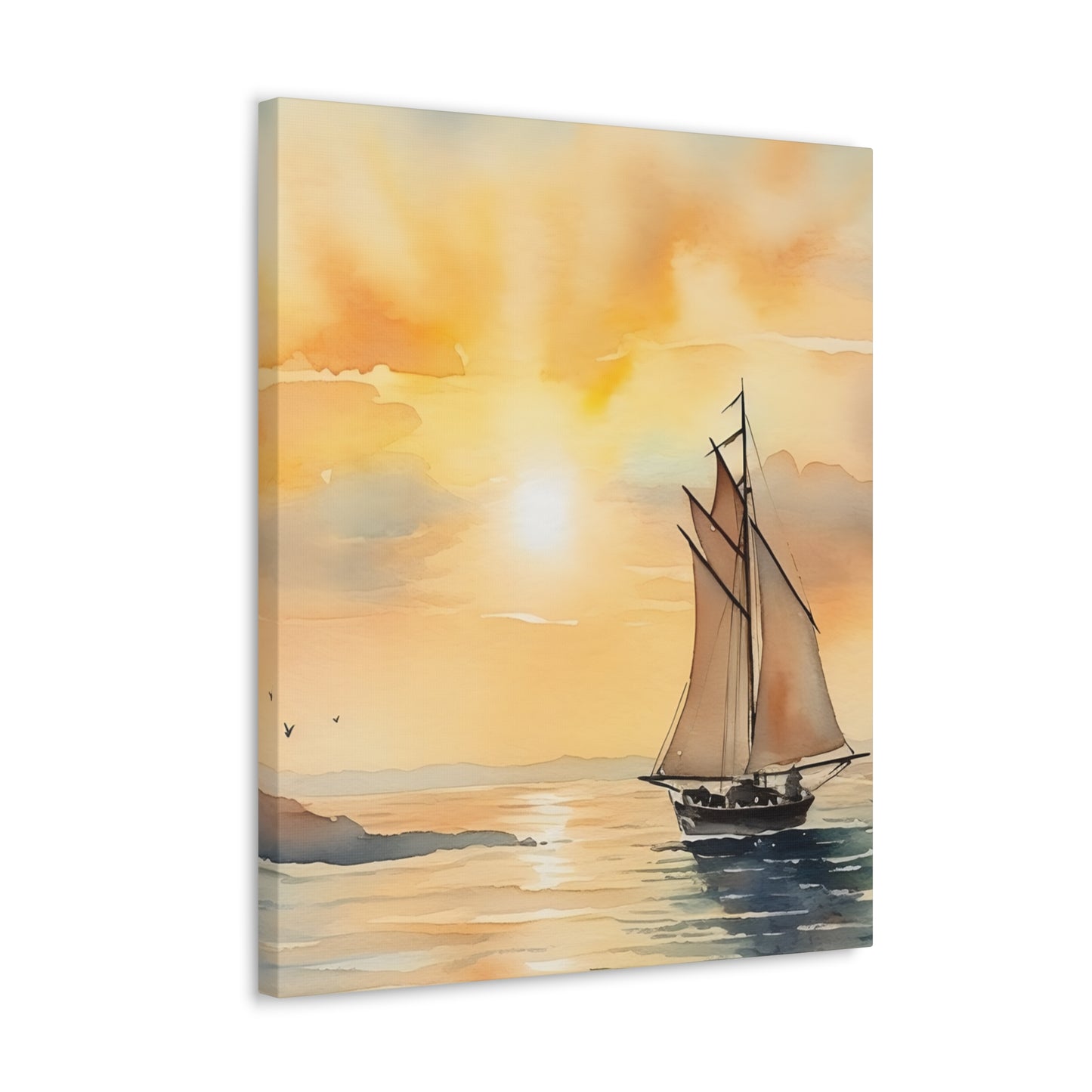 Mid-morning Sail Canvas, featuring a sailboat on a lake in beautiful shades of yellow, various sizes