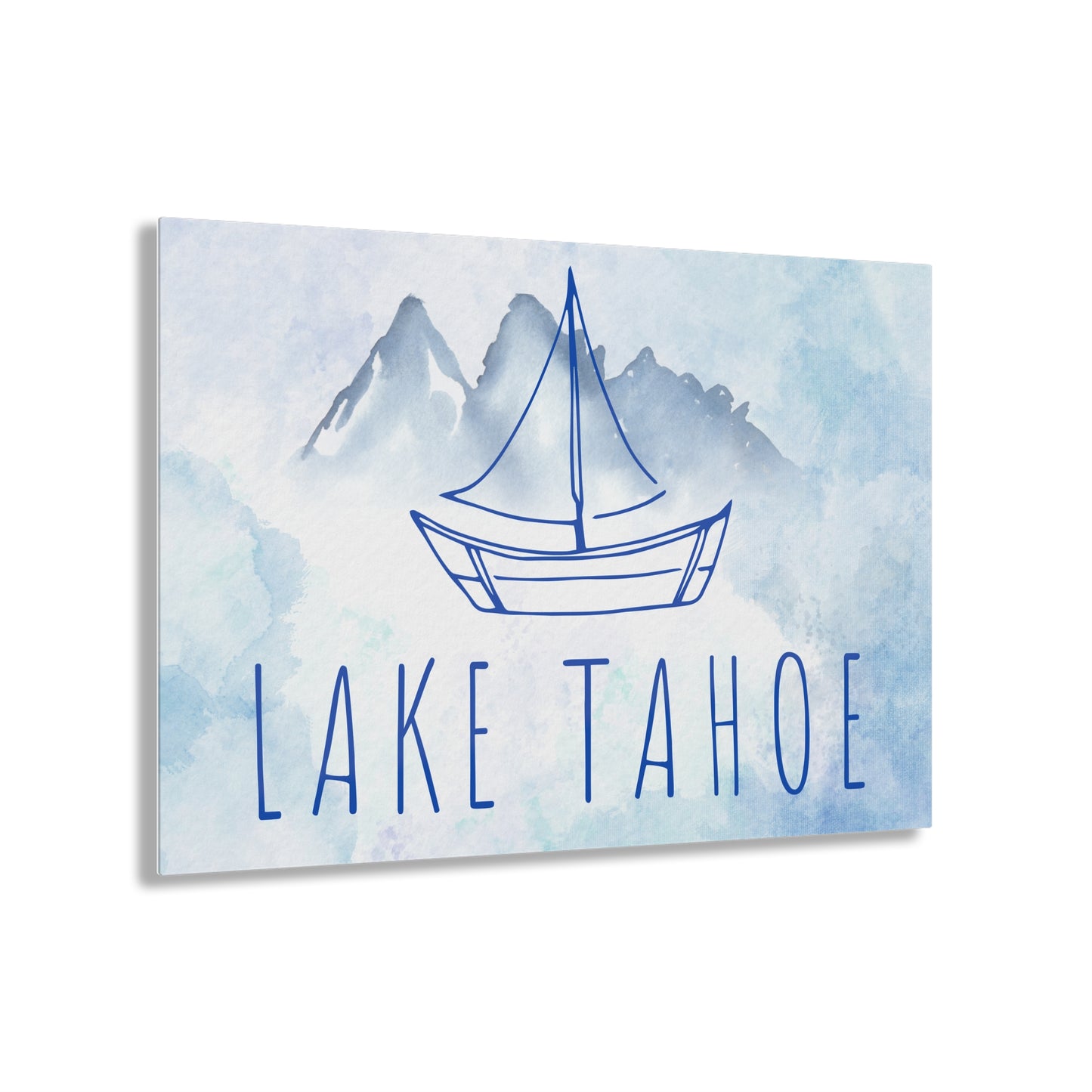 Lake Tahoe Sailboat Acrylic Print in shades of blue watercolors